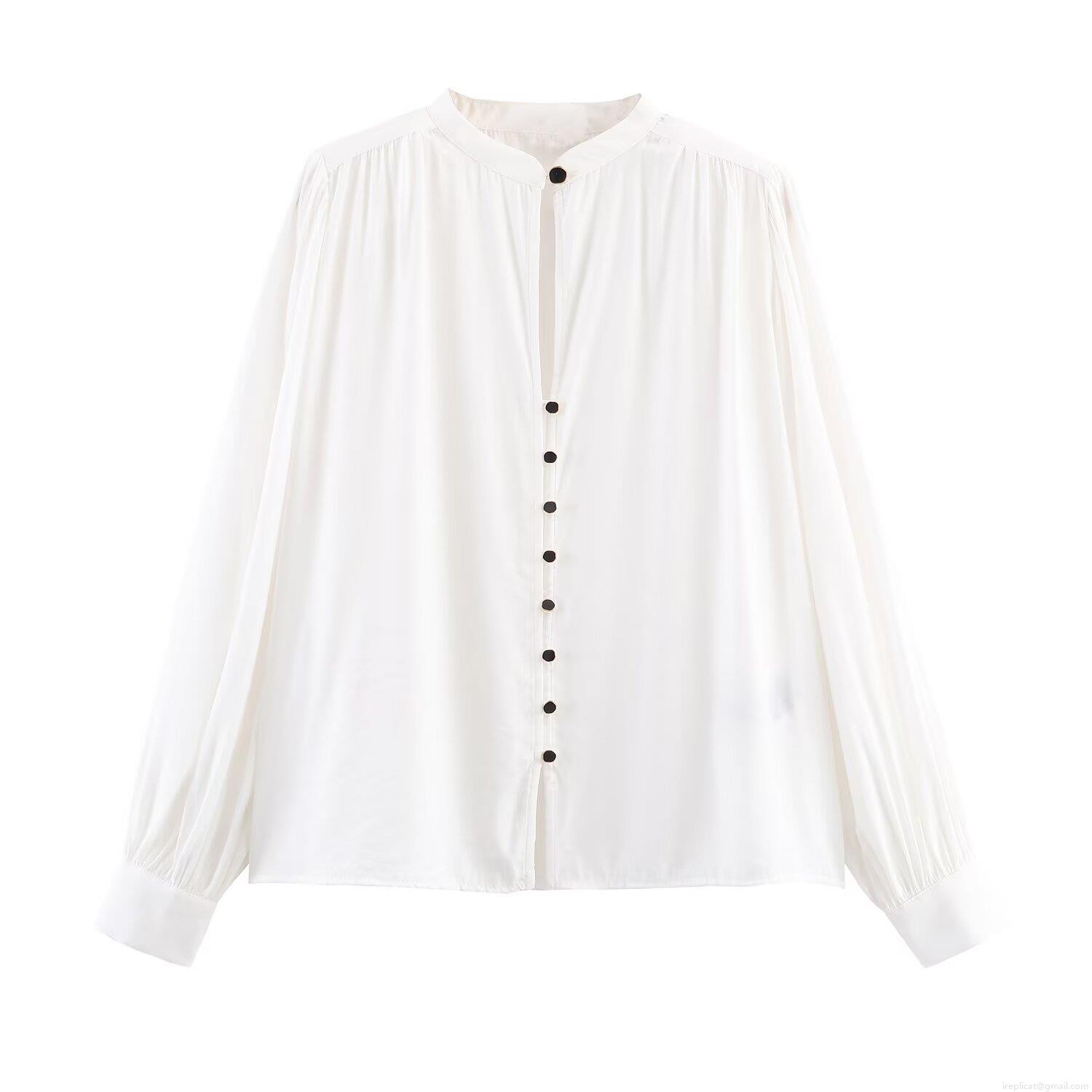 Women's Fashion Minimalist Cupro Blend Long Sleeve Blouse With Padded Shoulders Contrast Black Buttons Casual Elegant Shirt For Office Daily Wear