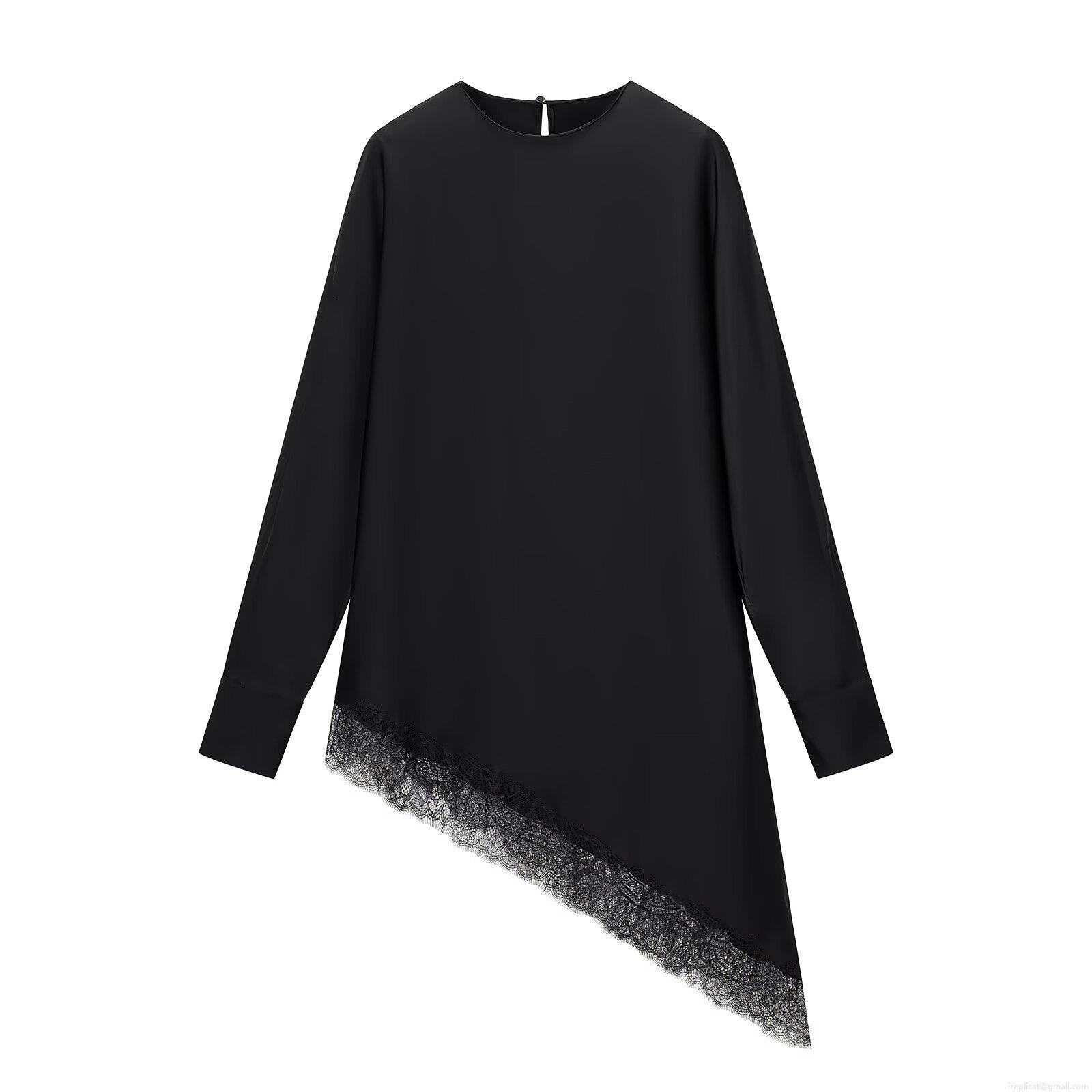 Women's Elegant Satin Woven Polyester Long Sleeve Blouse With Asymmetric Lace Hem Round Neck Casual Fashion Shirt For Party Office Ladies