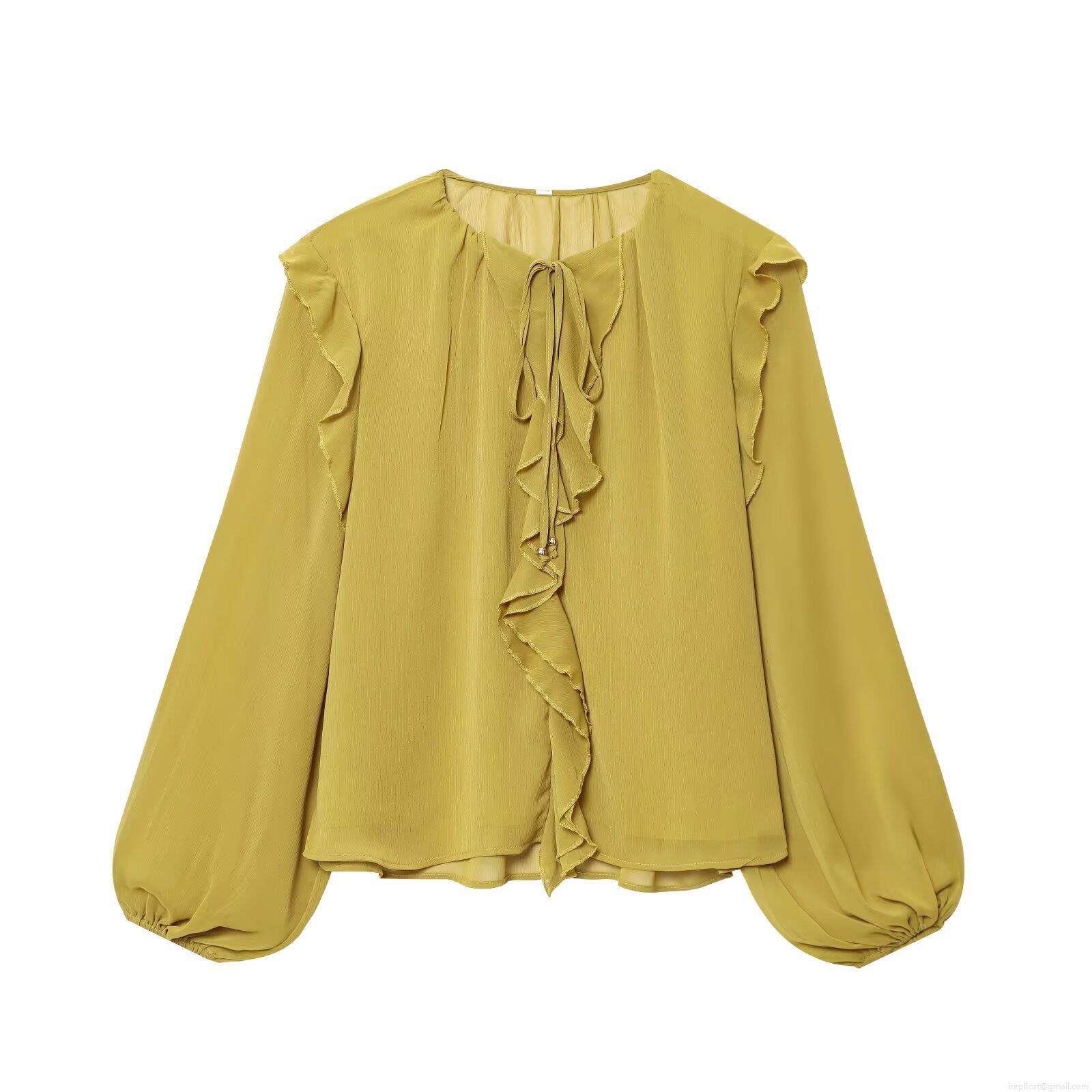 Women Elegant Chiffon Blouse Ruffle Tiered Lantern Long Sleeve Tie Neck Solid Color Loose Shirt For Autumn Ladies Office Daily Commute Casual Top