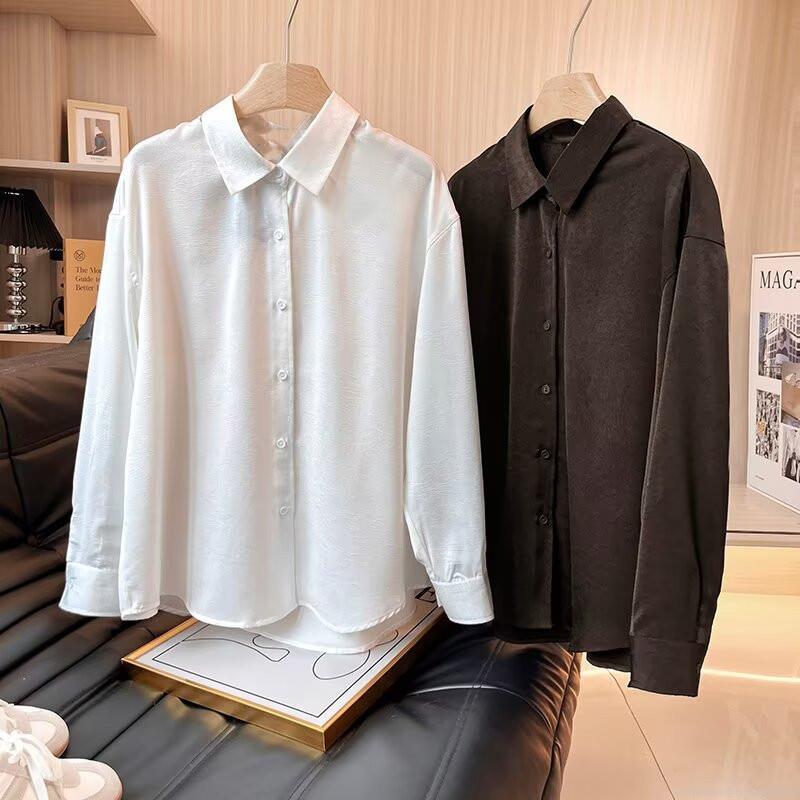 Women's Viscose Spandex Solid Color Long Sleeve Lapel Shirt Loose Fit Casual Office Blouse With Pleated Texture For Autumn