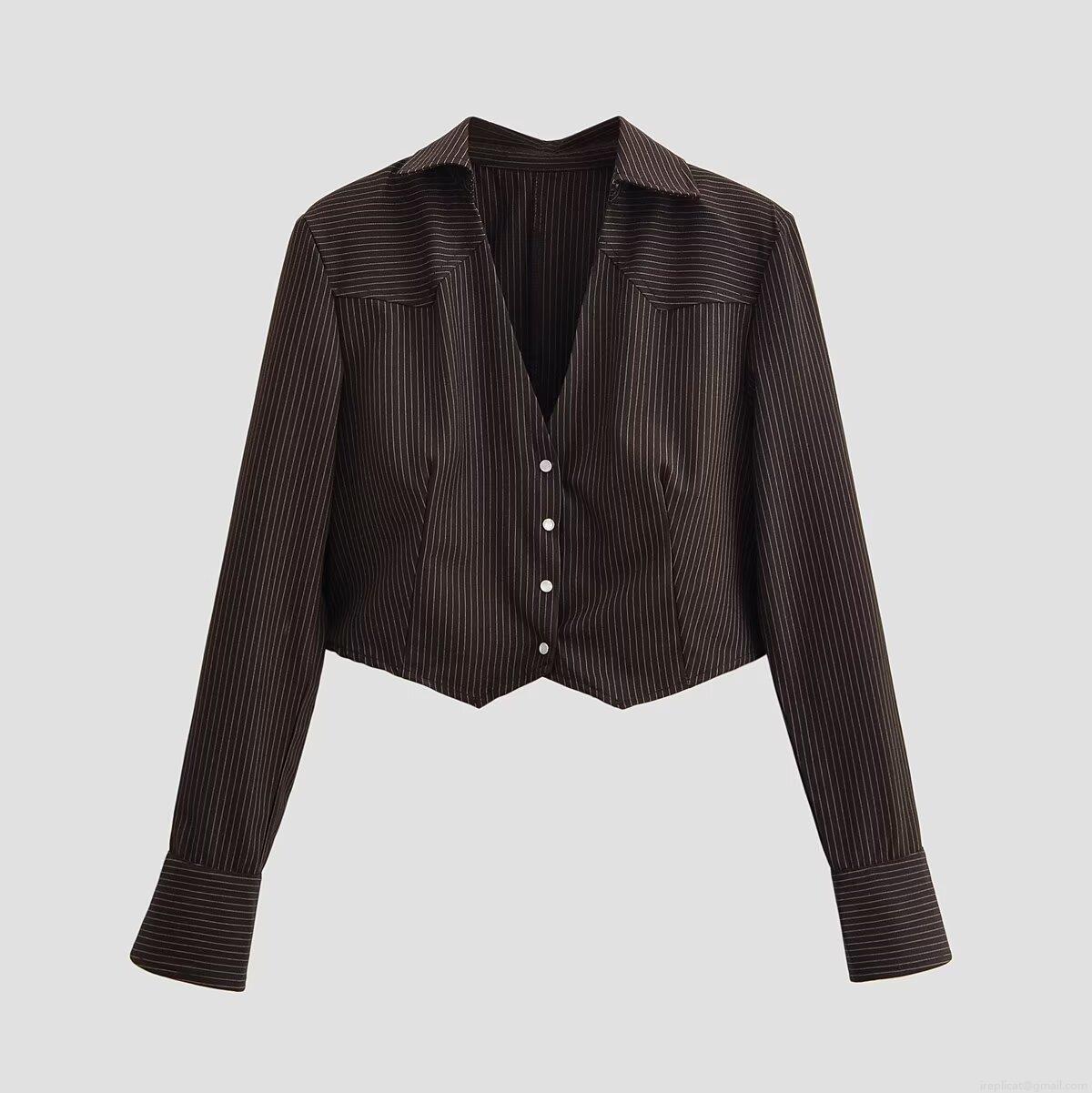 Women's Striped Cropped Blazer Shirt Long Sleeve V-Neck Padded Shoulder 100% Polyester Top Casual Office Wear Elegant Blouse For Women