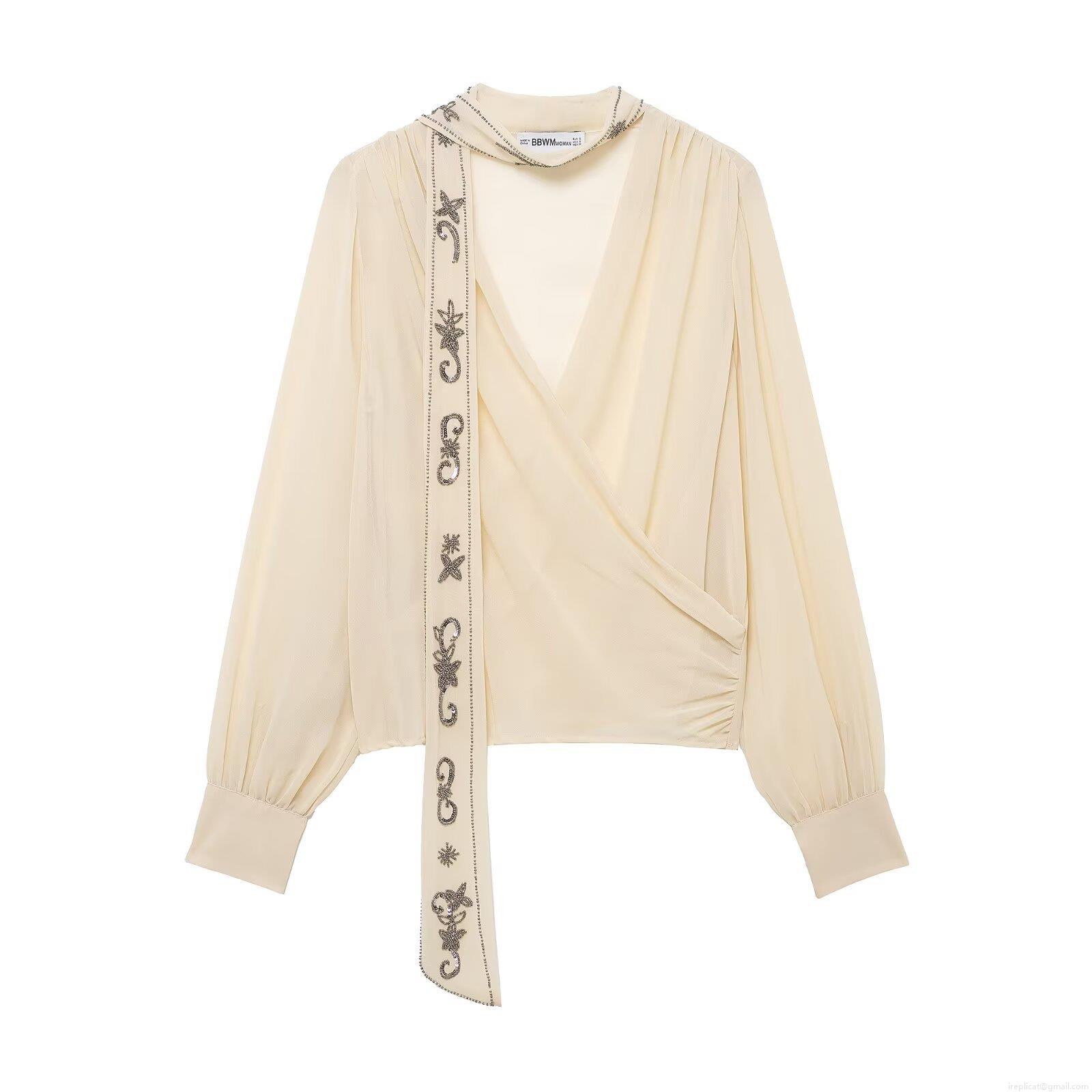 Women's Elegant Georgette Chiffon Blouse Shirt With Beaded Sequin Scarf V Neck Wrap Top Long Sleeve Fashion Apricot Office Party Shirt For Ladies