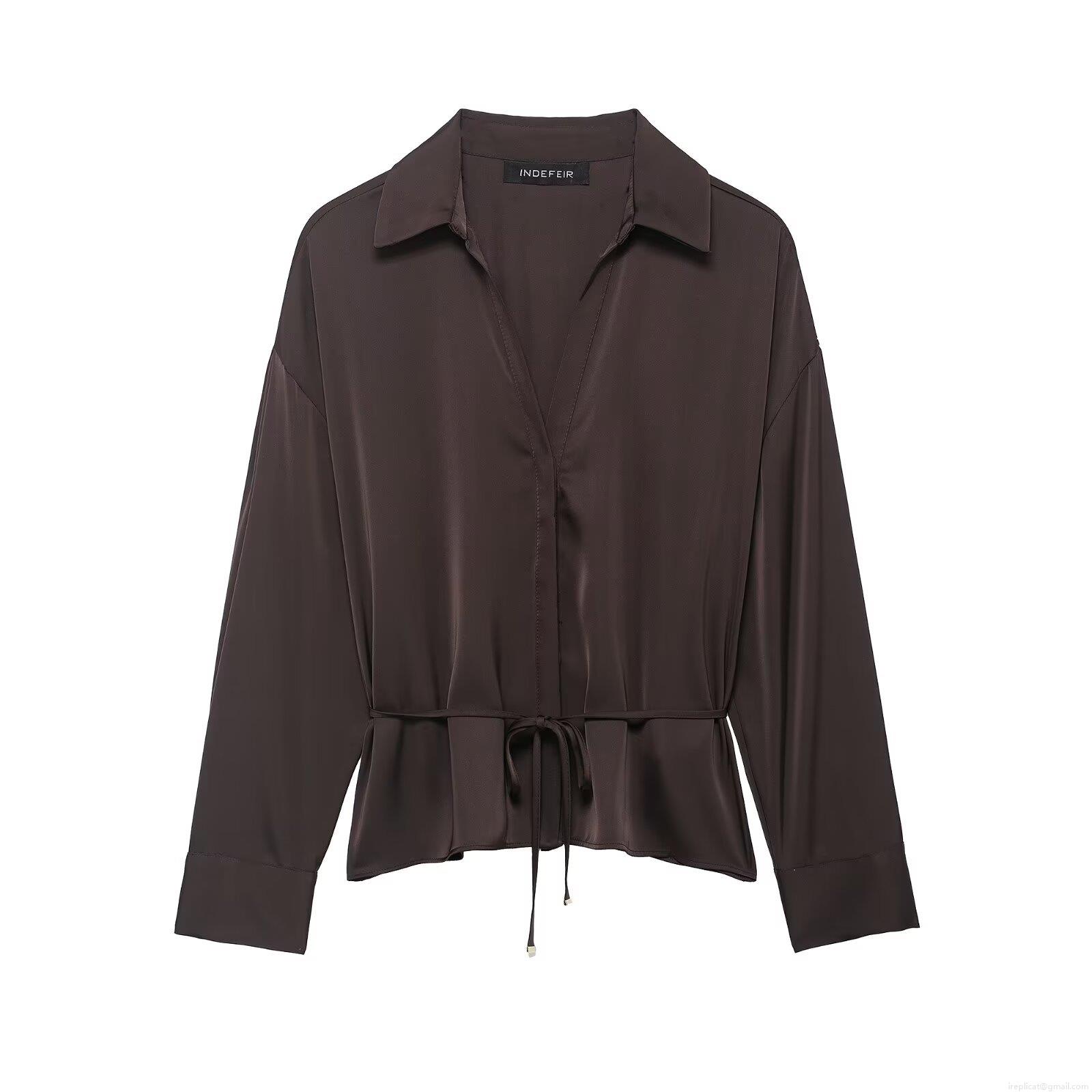 Women's Elegant Satin Silk-Like Shirt Long Sleeve V-Neck Blouse With Belt Drawstring Waist Coffee Solid Color Tops For Party Office