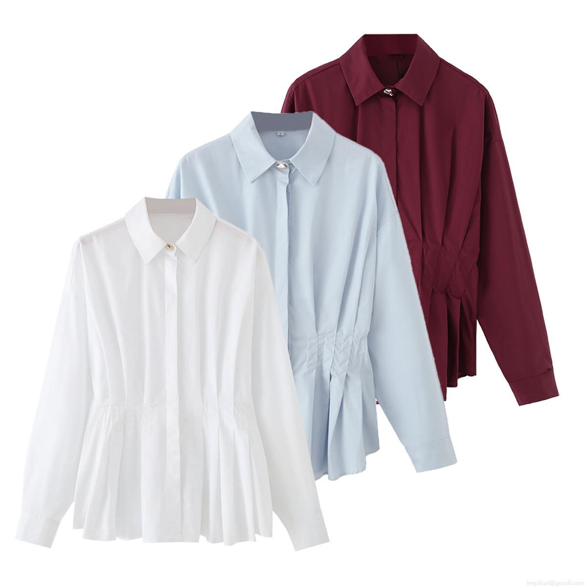 Women's 100% Cotton Poplin Pleated Waist Blouse Elegant Lapel Collar Long Sleeve Slim Fit Casual Shirt Office Lady Solid Color Top