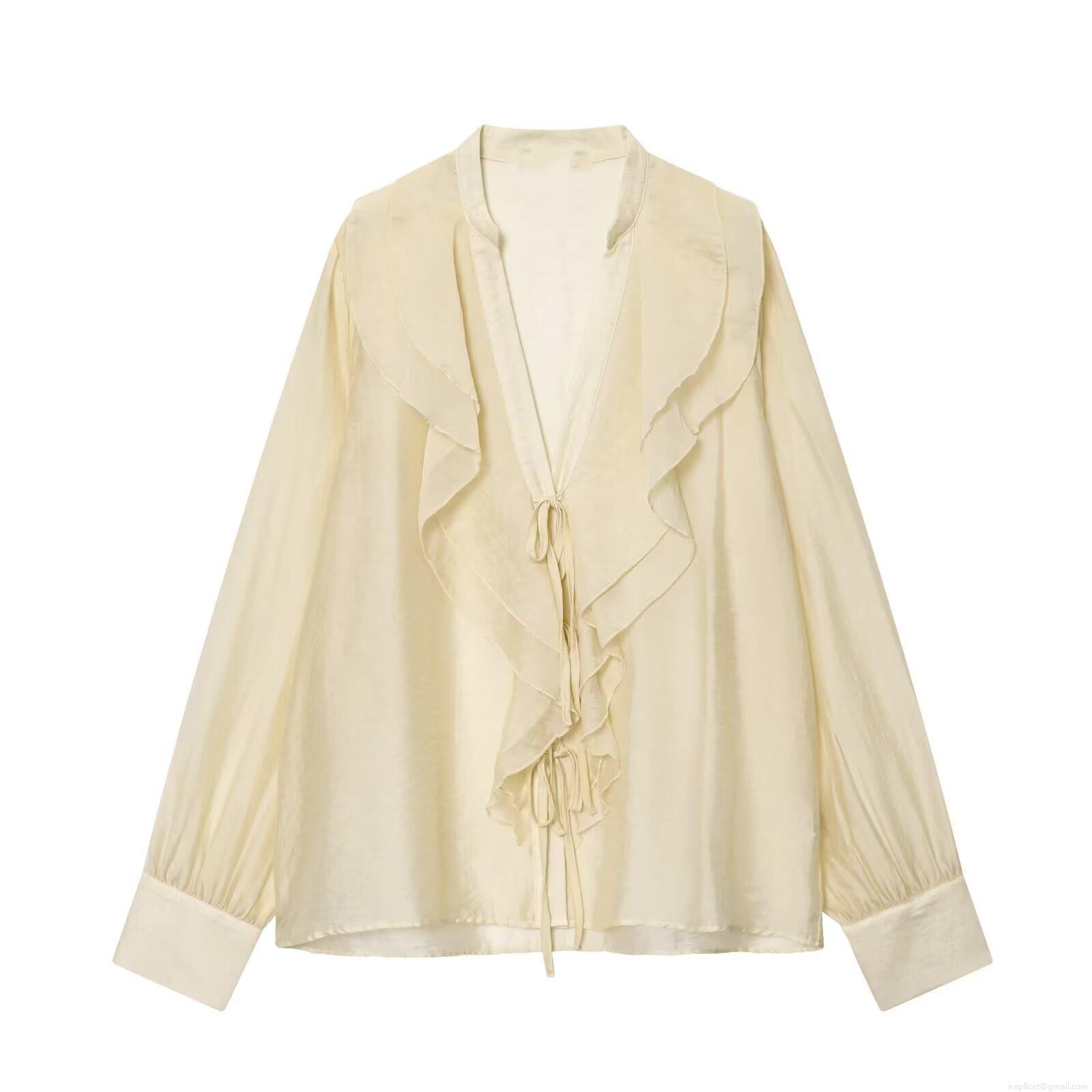 Women's Elegant V-Neck Ruffle Blouse Long Sleeve Tie-Front Solid Color Polyester Spandex Blended Top For Casual Office Dating Sweet Style Cream Yellow Shirt