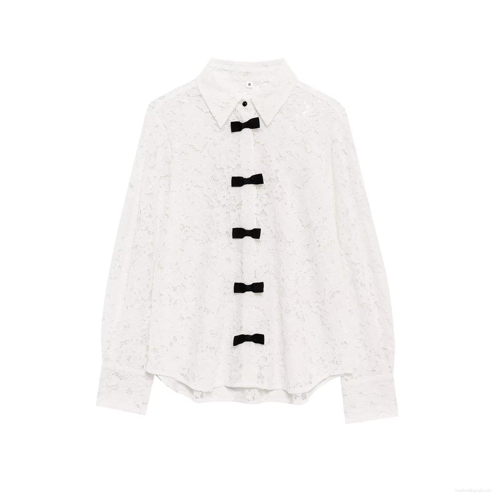 Women's Elegant White Lace Blouse With Black Bows Long Sleeve Loose Fit Single-Breasted Shirt Top For Party Dating Office Daily Wear