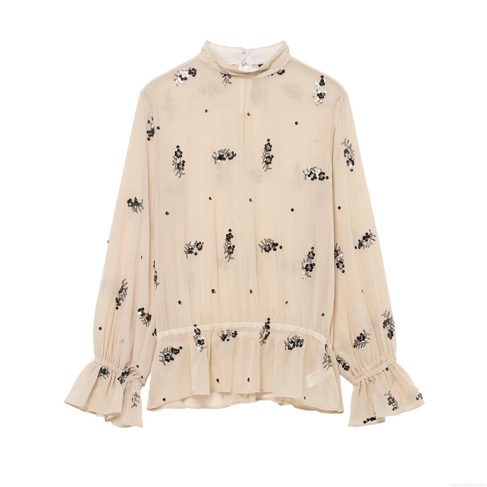 Elegant Women Beige Mesh Tulle Blouse Stand Collar Ruffle Cuffs Black Floral Sequins Embroidery Semi Transparent Long Sleeve Shirt For Party Commuting