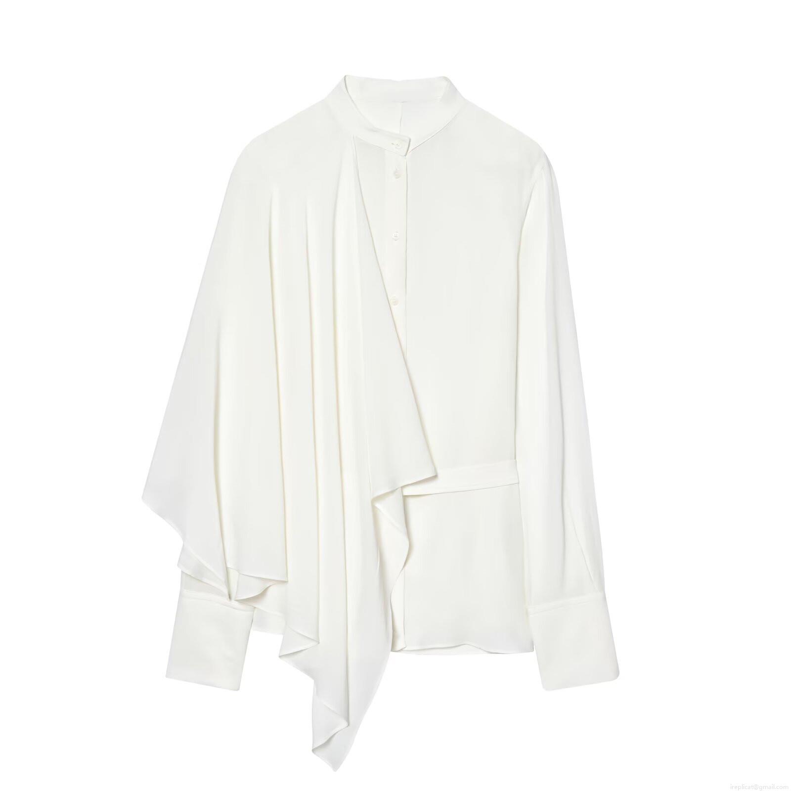 Women's Elegant Asymmetrical Satin Blouse Long Sleeve Stand Collar Shirt Solid White Silk-Like Draped Top With Belt For Office Lady Commuting Chic Fashion