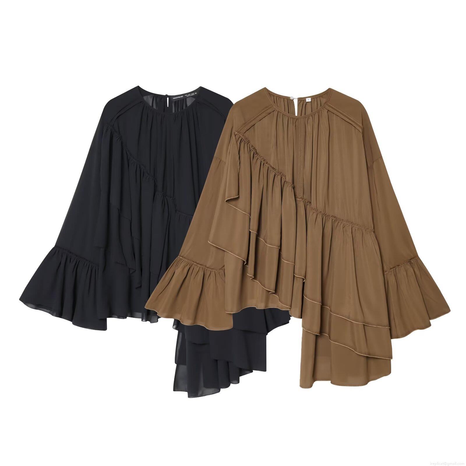 Women's Elegant Chiffon Blouse Asymmetrical Ruffle Flare Sleeve Sweet Style Solid Color Long Sleeve Patchwork Top For Daily Dating