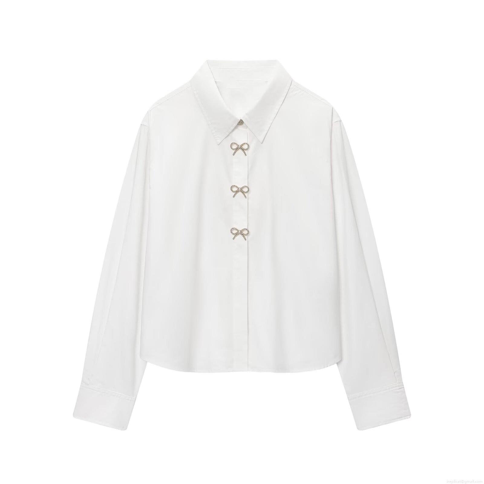 Elegant White Poplin Long Sleeve Blouse For Women With Rhinestone Bow Jewelry Buttons Office Commute Work Shirt Spring Autumn Fashion