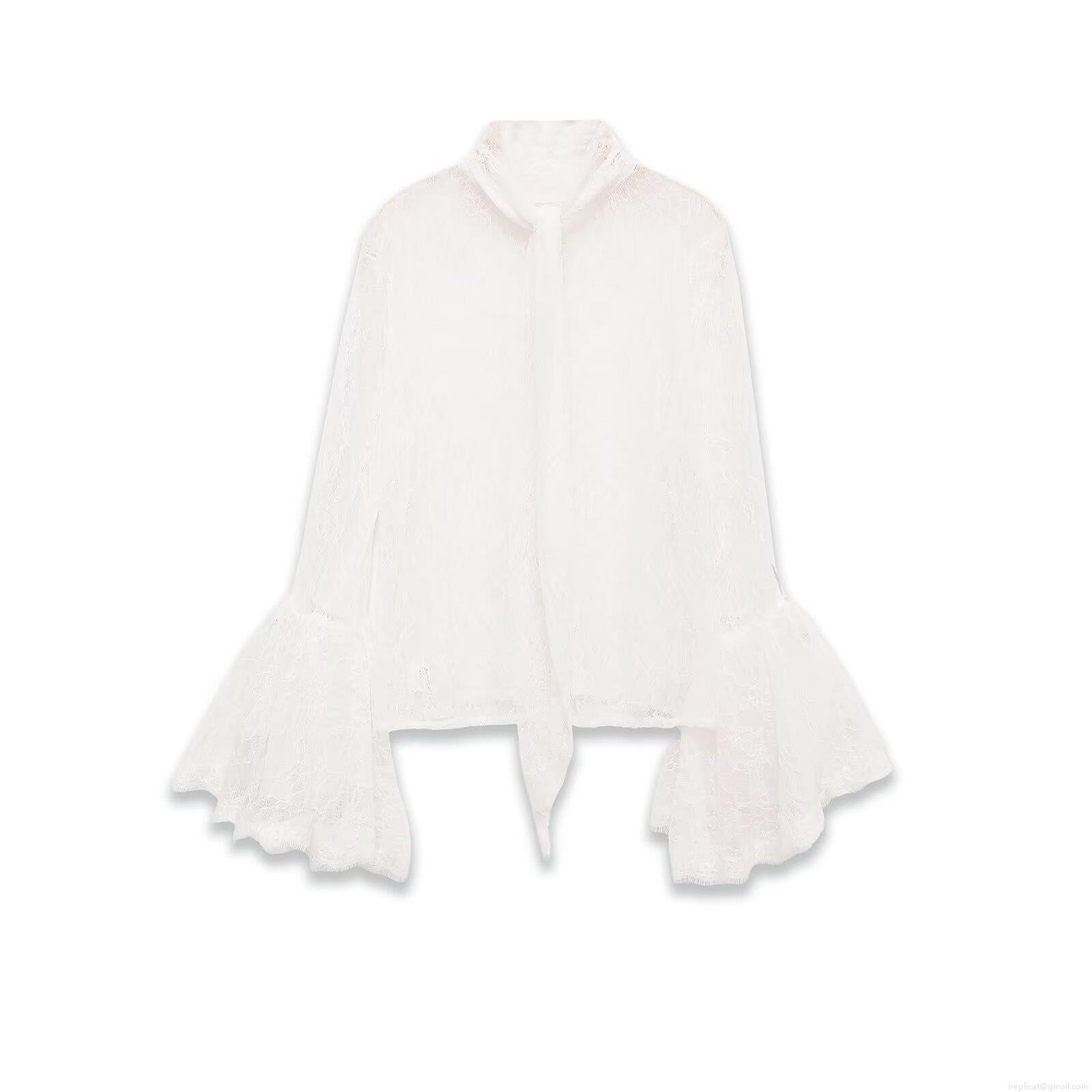 Elegant White Lace Blouse With Flared Sleeves Vintage Tie Neck Hollow Out Long Sleeve Shirt For Women Sexy Mesh See Through Party Tops