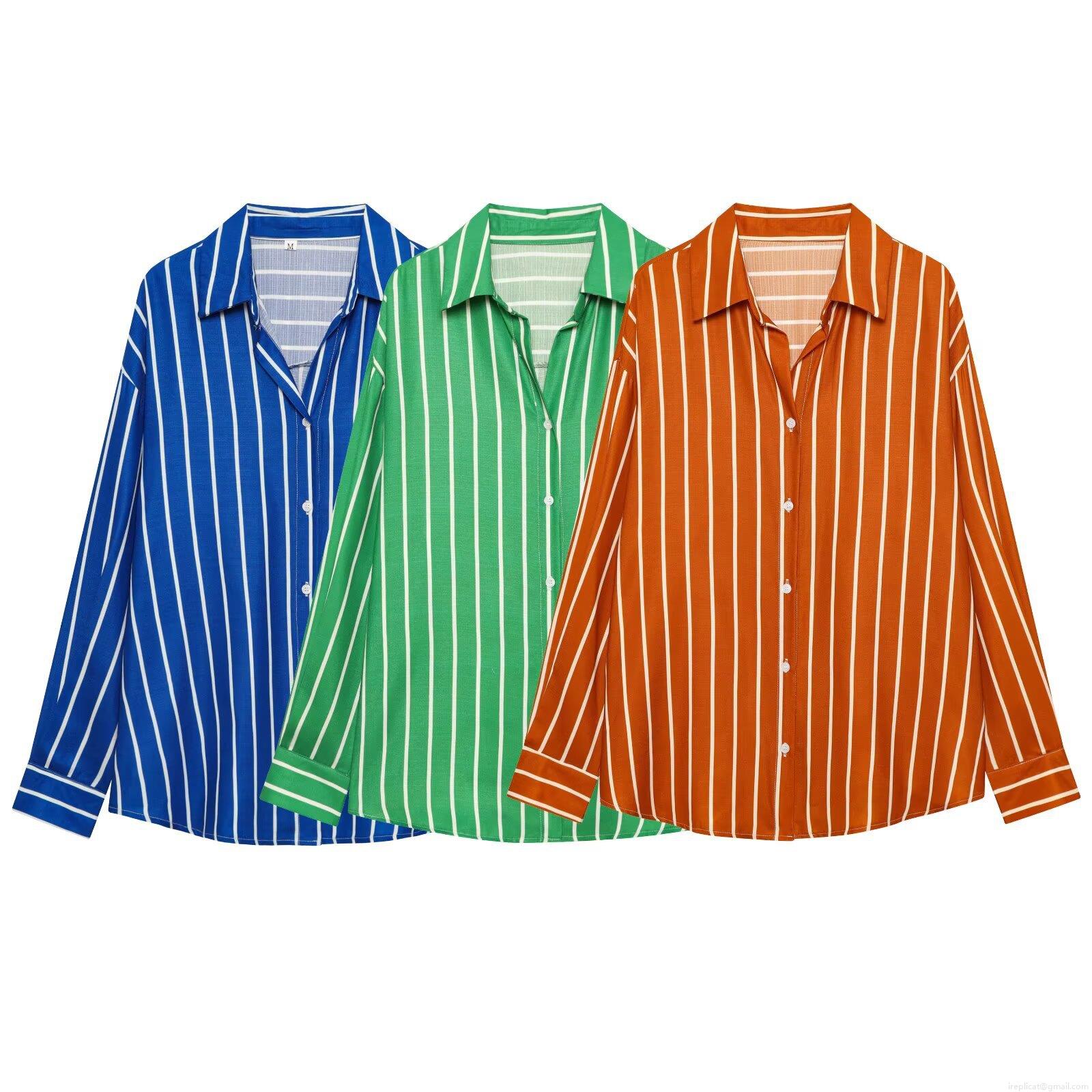 Fashionable Women's Loose Vertical Striped Long Sleeve Shirt Casual Button Down Lapel Blouse Polyester Striped Tops For Women Daily Wear Spring Autumn