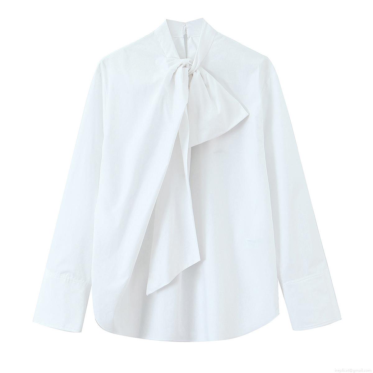 Women Elegant Bow Tie Neck White Blouse Long Sleeve Solid Color Polyester Shirt Office Commute Tops Sweet Casual Button Up Blouse For Women