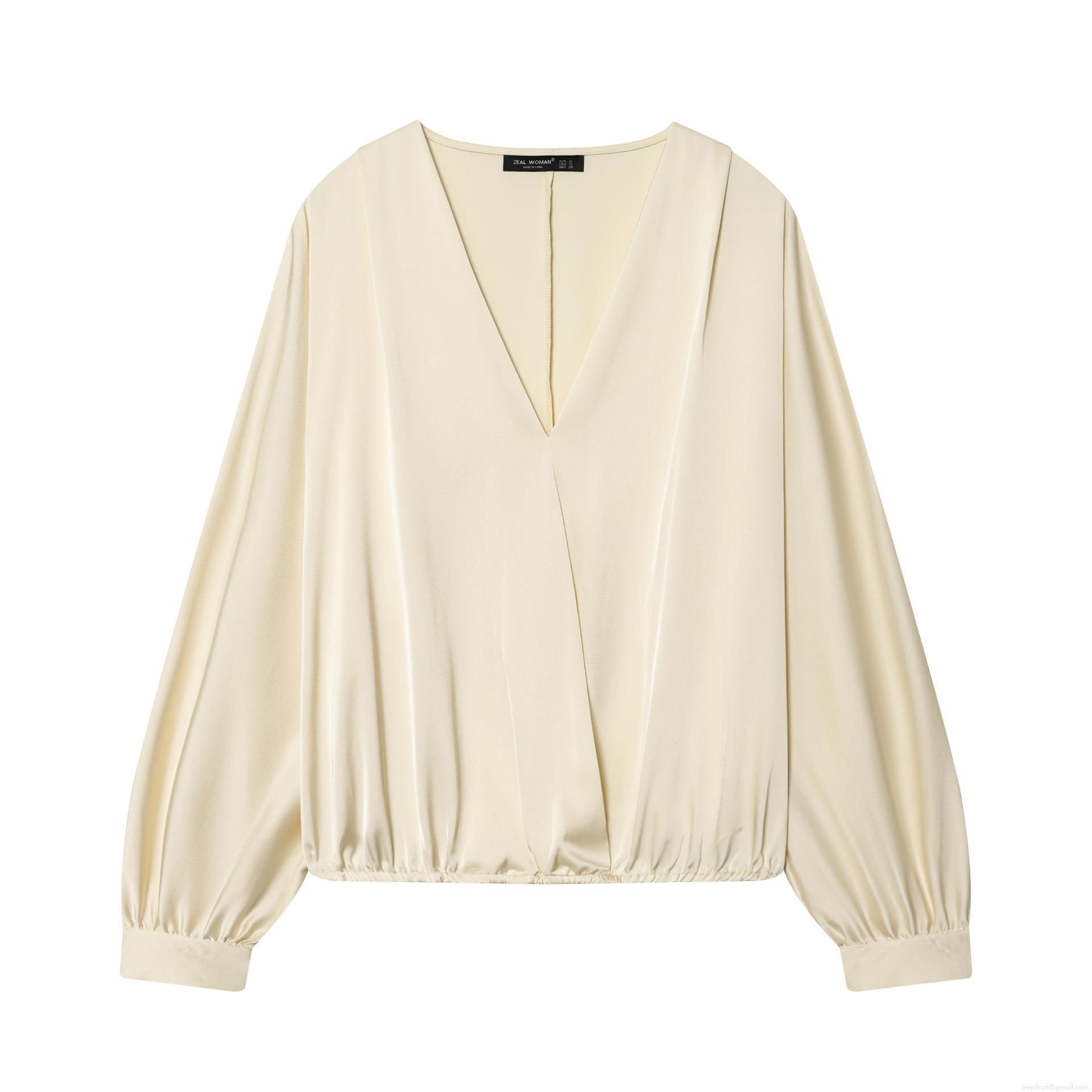 Women's Elegant Satin Blouse Deep V-Neck Wrap Front Long Sleeve Pullover Shirt Solid Color Silky Texture Commuter Top For Ladies Office Daily Wear