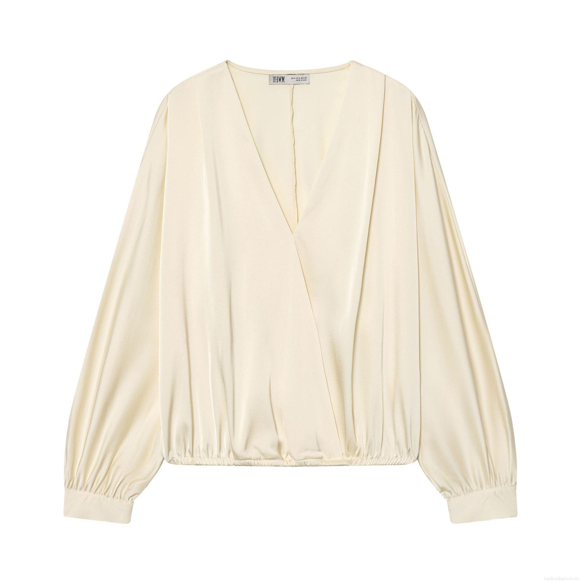 Elegant Satin Women's Blouse V-Neck Wrap Cross Over Long Sleeve Shirt Champagne Silky Smooth Lightweight Top For Casual Party Office Lady Fashion