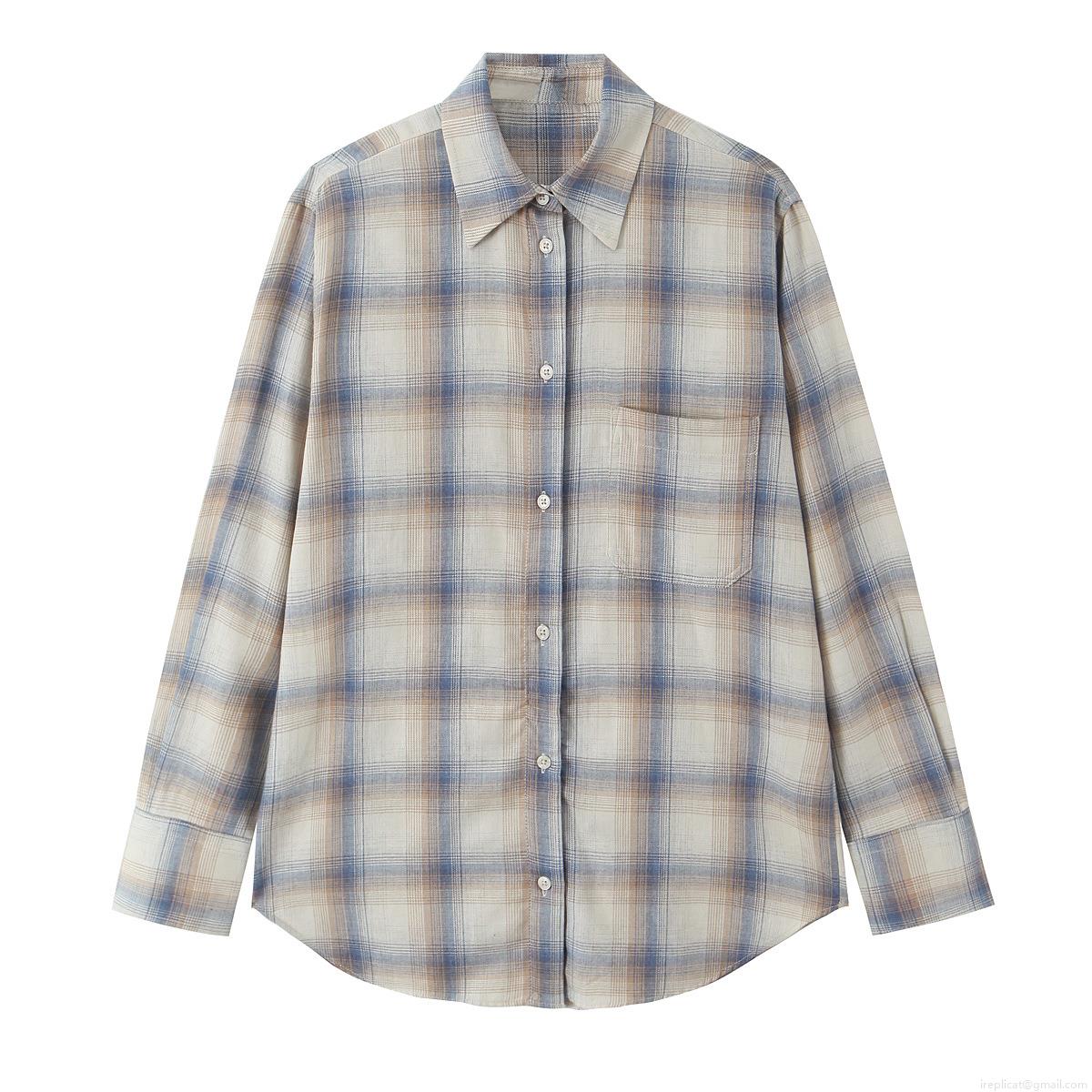 Women's Casual Plaid Long Sleeve Shirt Polyester Blend Button Down Blouse With Pocket Vintage Checkered Tops For Spring Autumn Office Streetwear