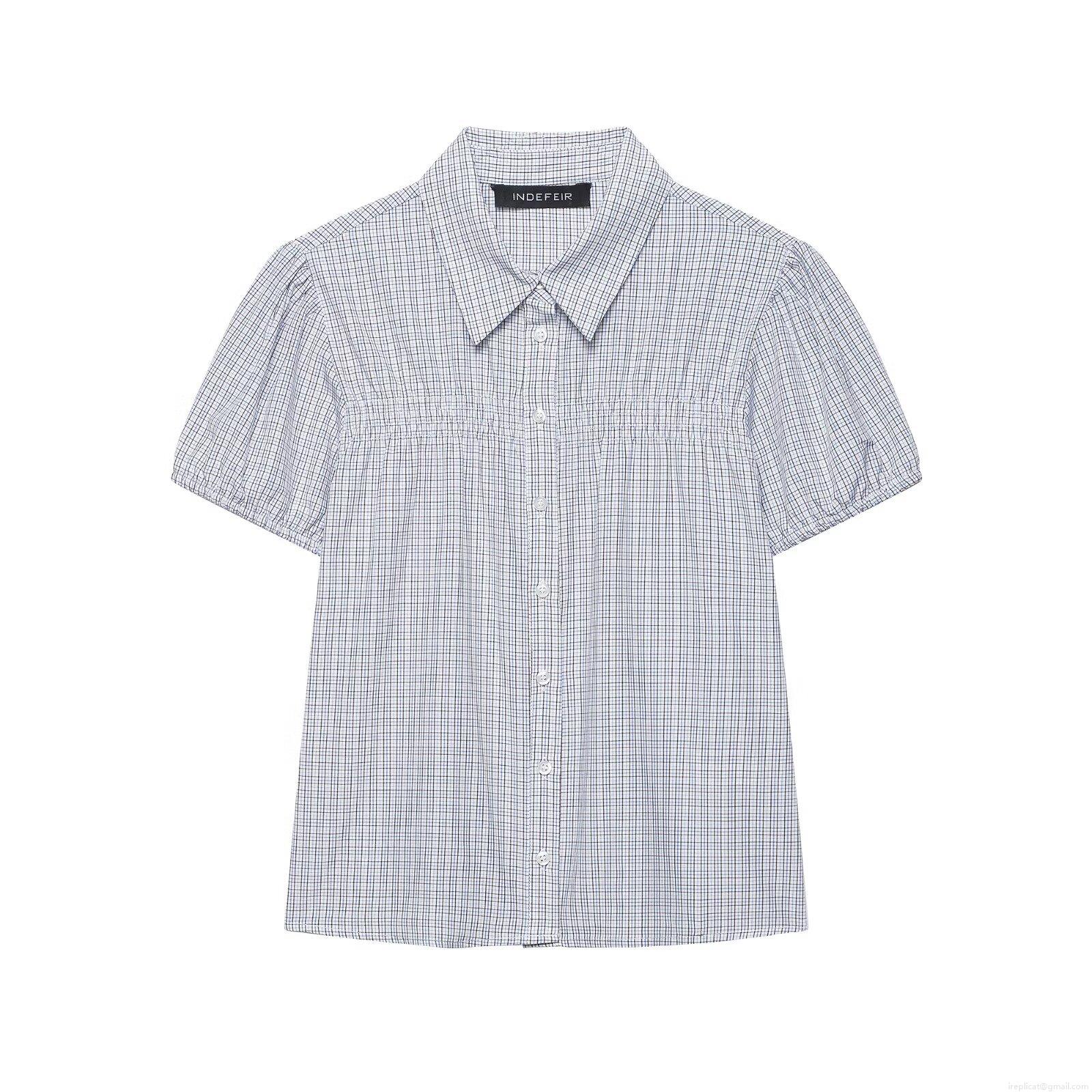 Women's Fashion Plaid Puff Sleeve Short Sleeve Shirt Elegant Lapel Button Up Smocking Poplin Blouse For Casual Commute
