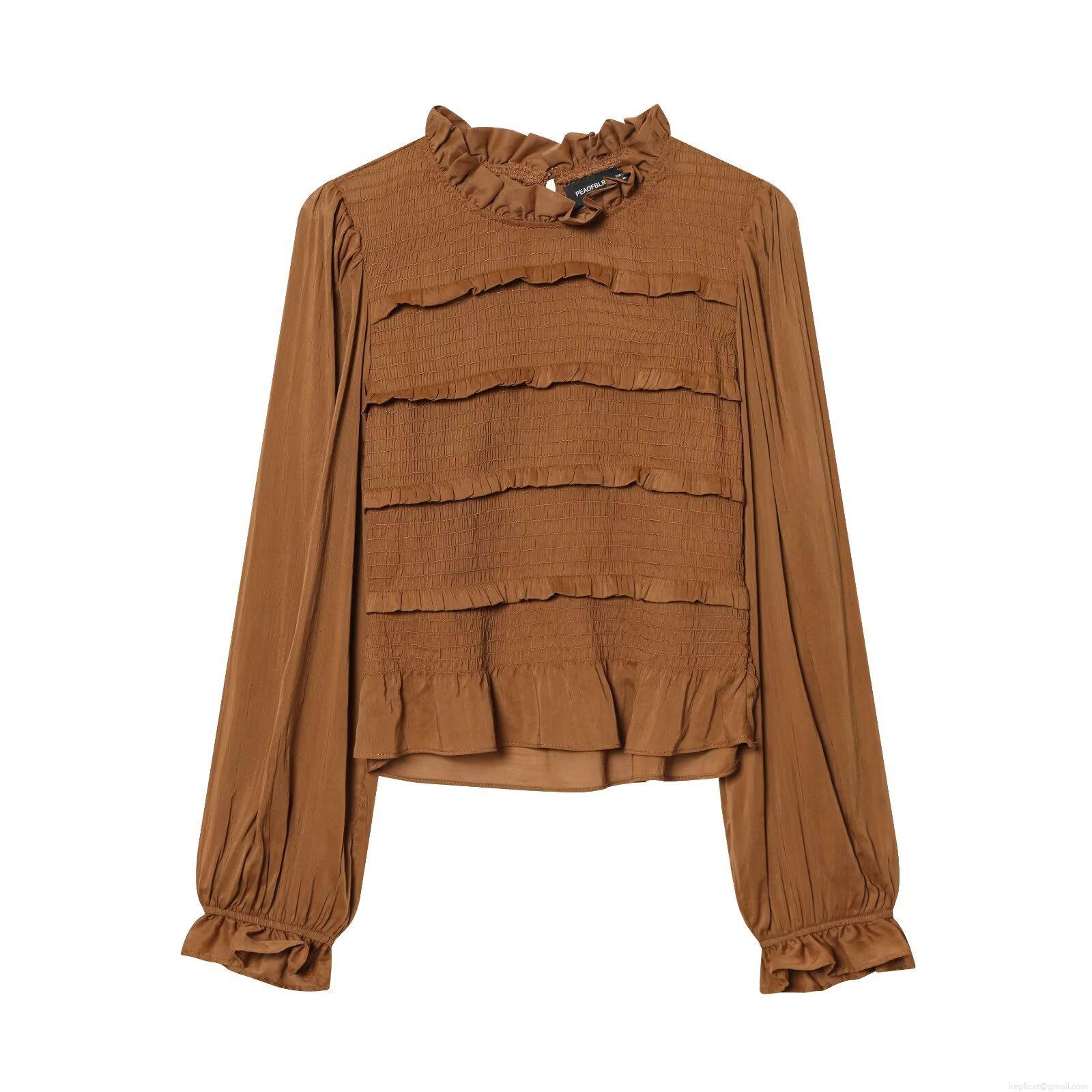 Women's Smocked Blouse Ruffle Trim Stand Collar Long Sleeve Cotton Blend Shirt Elegant Solid Color Slim Fit Pullover Top For Party Daily Dating