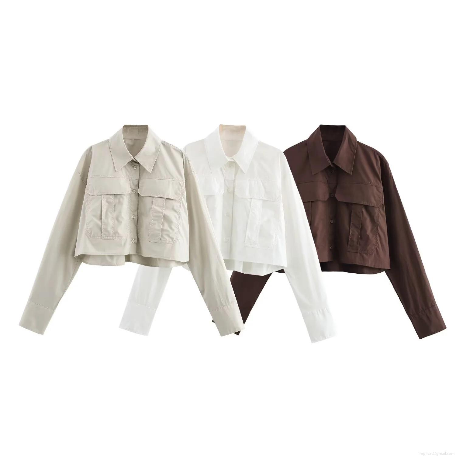 Women's Cropped Poplin Shirt Casual Long Sleeve Shirt Jacket Solid Color Elegant Button Down Tops With Pockets For Spring Fall Lady Chic Clothing