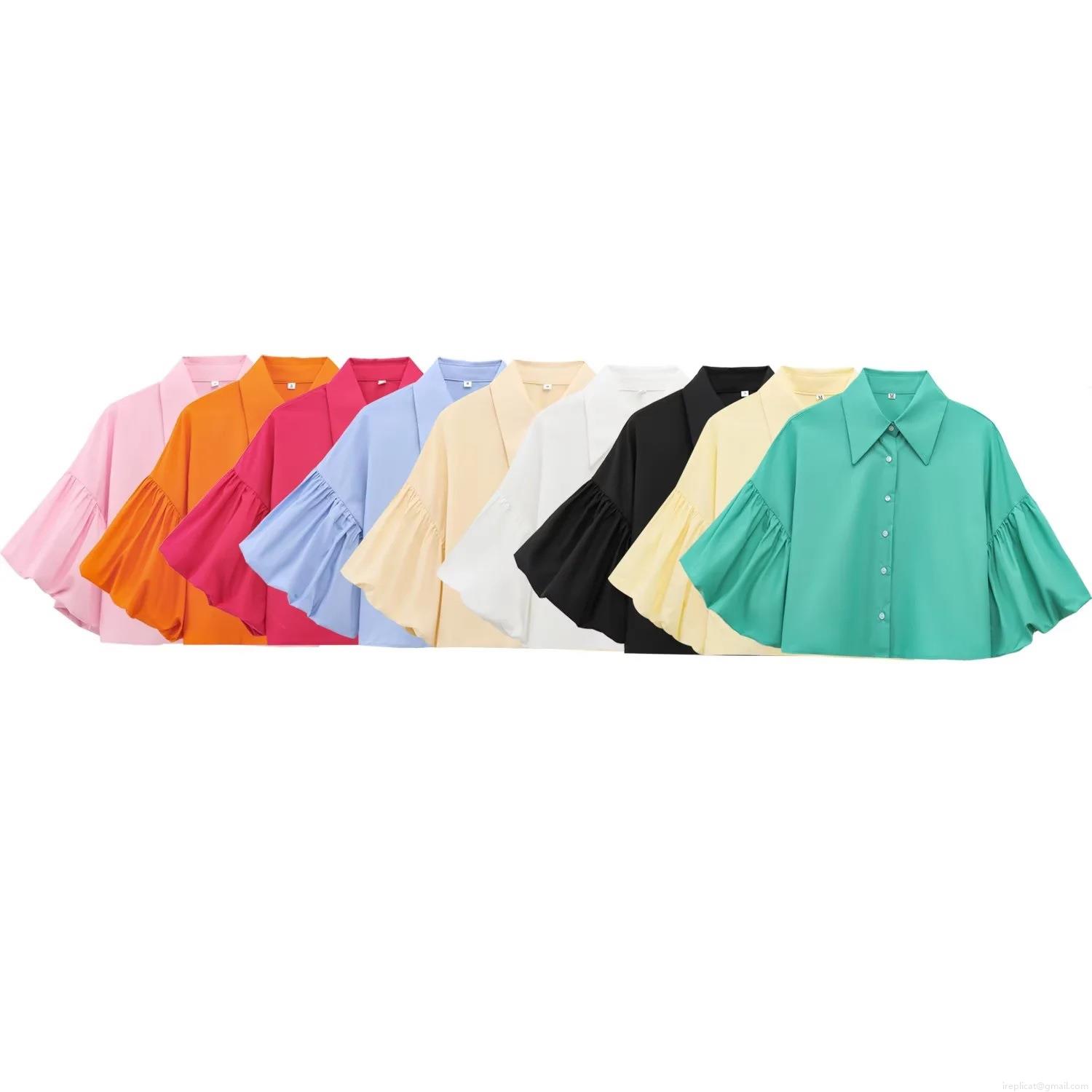 Women's Fashion Puff Lantern Sleeve Cropped Shirt Elegant Cotton Blend Button Down Solid Color Blouse Casual Summer Top For Ladies