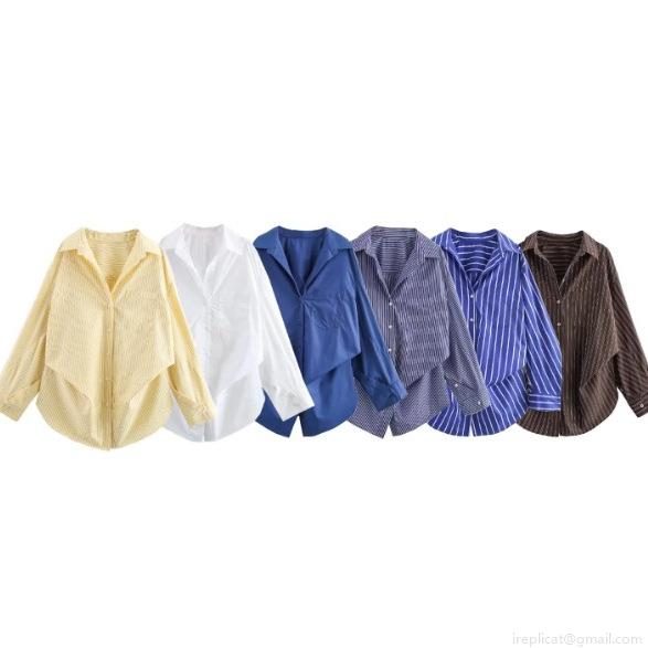 Women's Fashion Casual Loose Poplin Shirt Long Sleeve Button Down Blouse With Chest Pocket Solid Color And Striped Lapel Tops For Women