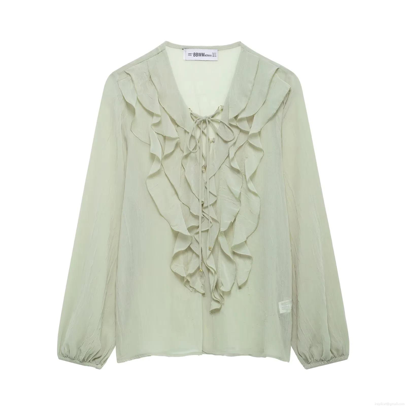 Women's Elegant Ruffle Chiffon Blouse Long Sleeve Lace-up V Neck Mint Green Solid Color Semi-transparent Shirt Top for Daily Casual Commute