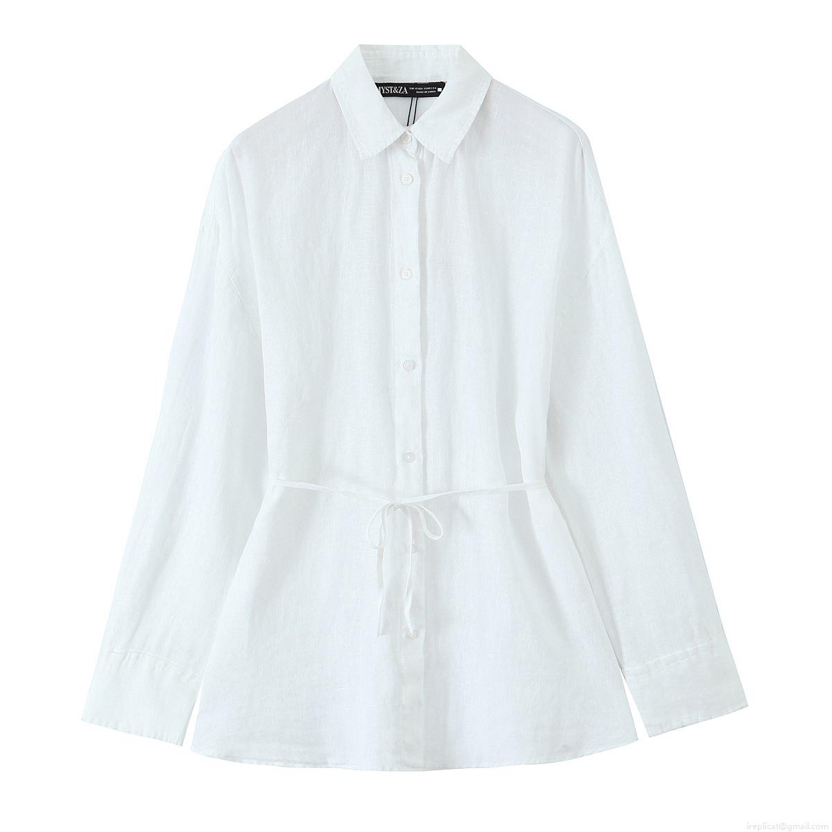 Women's Casual Cotton Linen Blend Long Sleeve Shirt Turn-down Collar Waist Drawstring Solid Color Blouse Top For Ladies