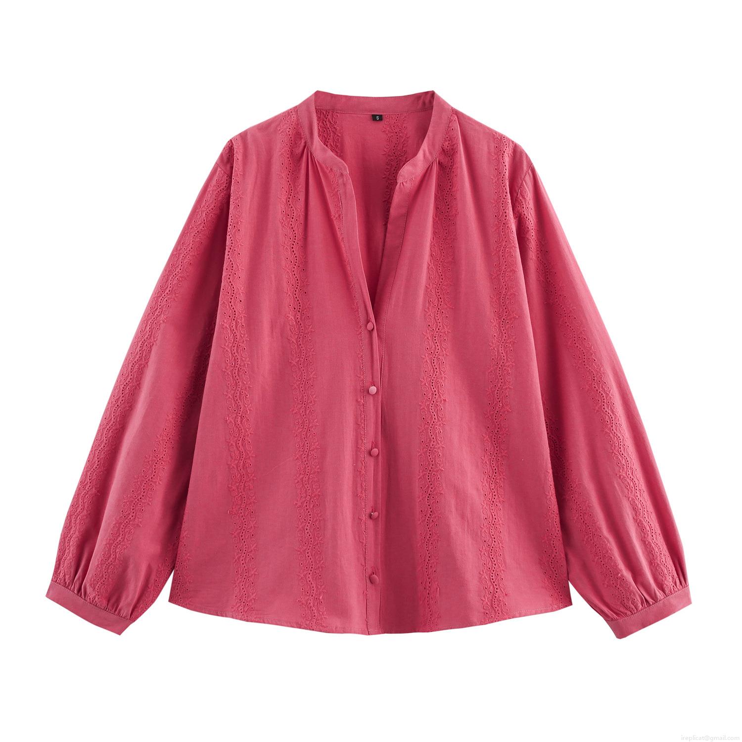 Elegant Cotton Blend Hollow Out Embroidery Long Sleeve Blouse Women V Neck Button Up Shirt For Party Dating Lady Fashion Tops