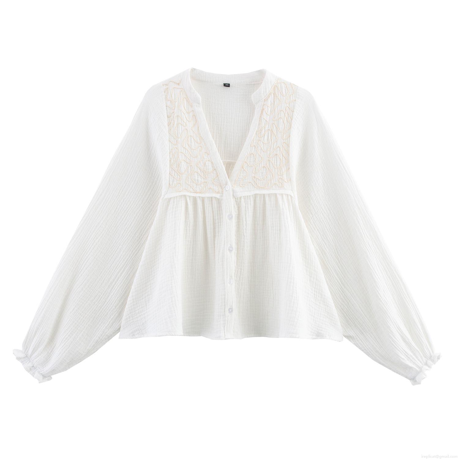 Women's Vintage Embroidered White Blouse V-Neck Long Sleeve Cotton Blend Top Casual Bohemian Crinkled Texture Shirt With Ruffle Cuffs For Women Elegant Loose Fit Summer Spring Apparel
