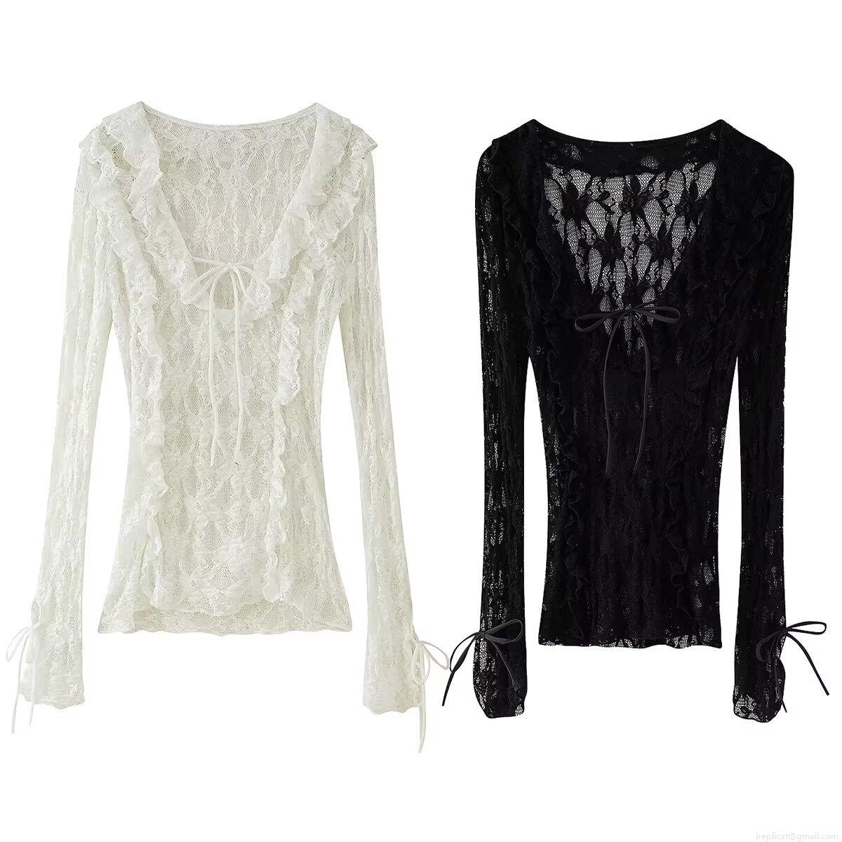 Women's Sexy V-Neck Lace Blouse Long Sleeve Ruffle Tie Hollow Out Mesh Top Elegant Sweet French Style Sheer Pullover Shirt for Daily Party
