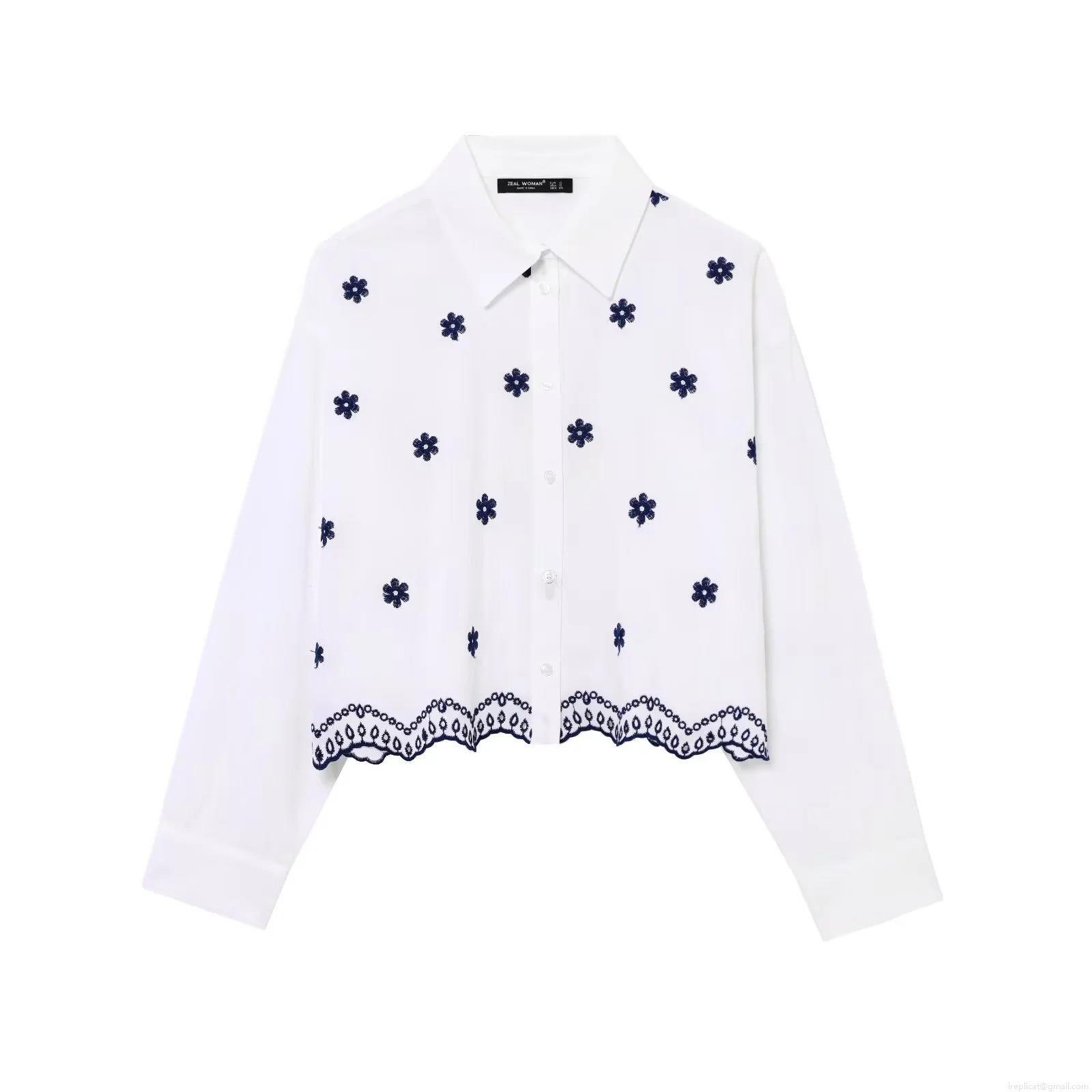 Women's Floral Embroidered Poplin Shirt 100% Polyester Long Sleeve Button Down Blouse with Scalloped Hollow Hem Casual Fashion Tops for Women