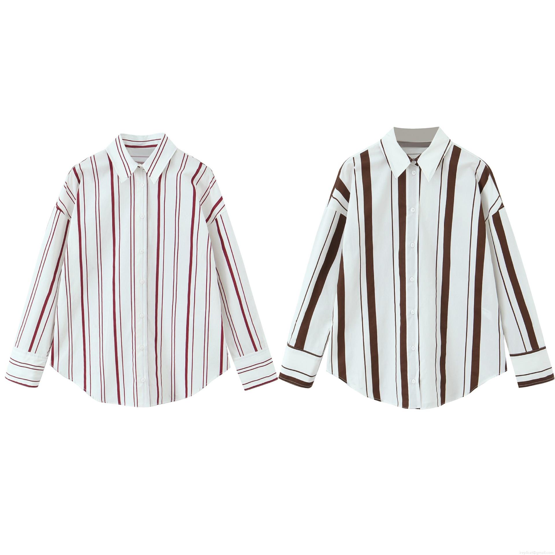 Women's Elegant Striped Poplin Shirt Long Sleeve Button Down Blouse Polyester Casual Office Tops For Women