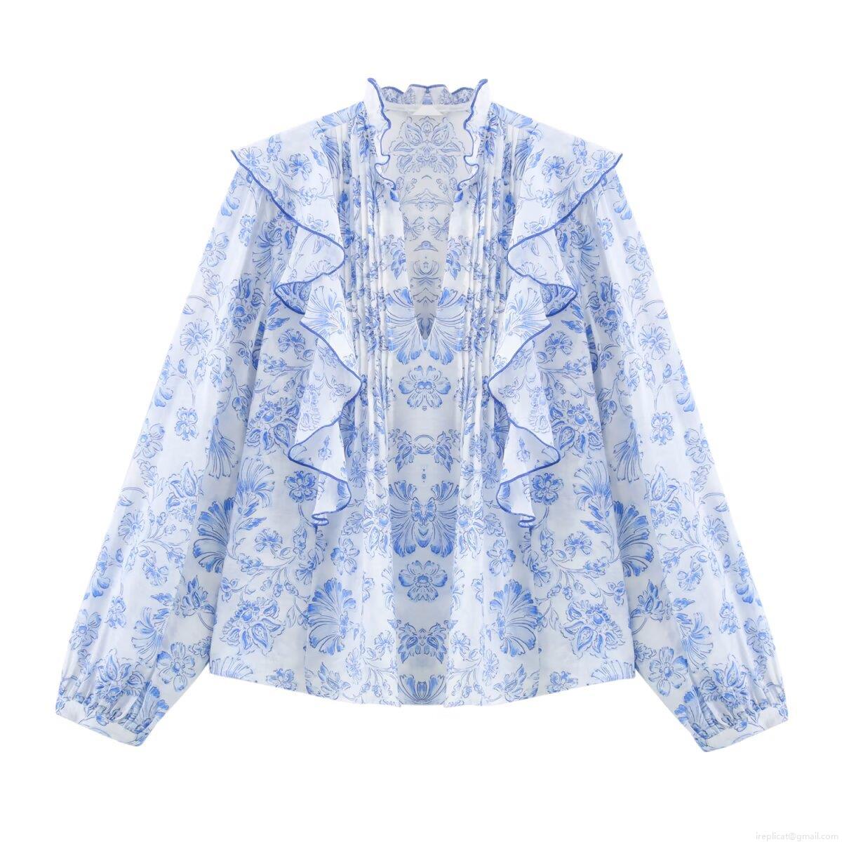 Elegant Women's V-Neck Floral Print Ruffle Blouse Long Sleeve Polyester Tops Casual Office Sweet Shirt For Women