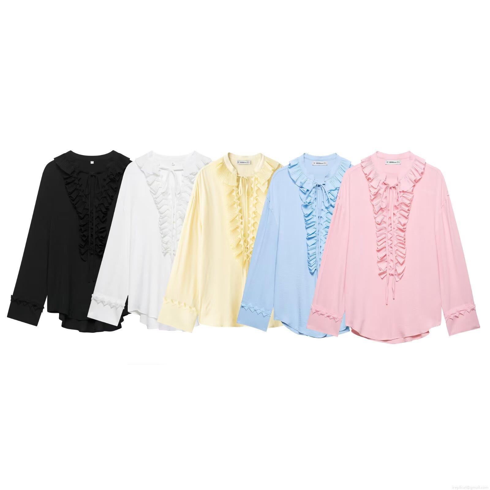 Women's Elegant Ruffle Trim Tie Neck Long Sleeve Blouse 100% Polyester Solid Color Casual Loose Shirt For Dating Party Daily Wear Lady Style Fashion Tops