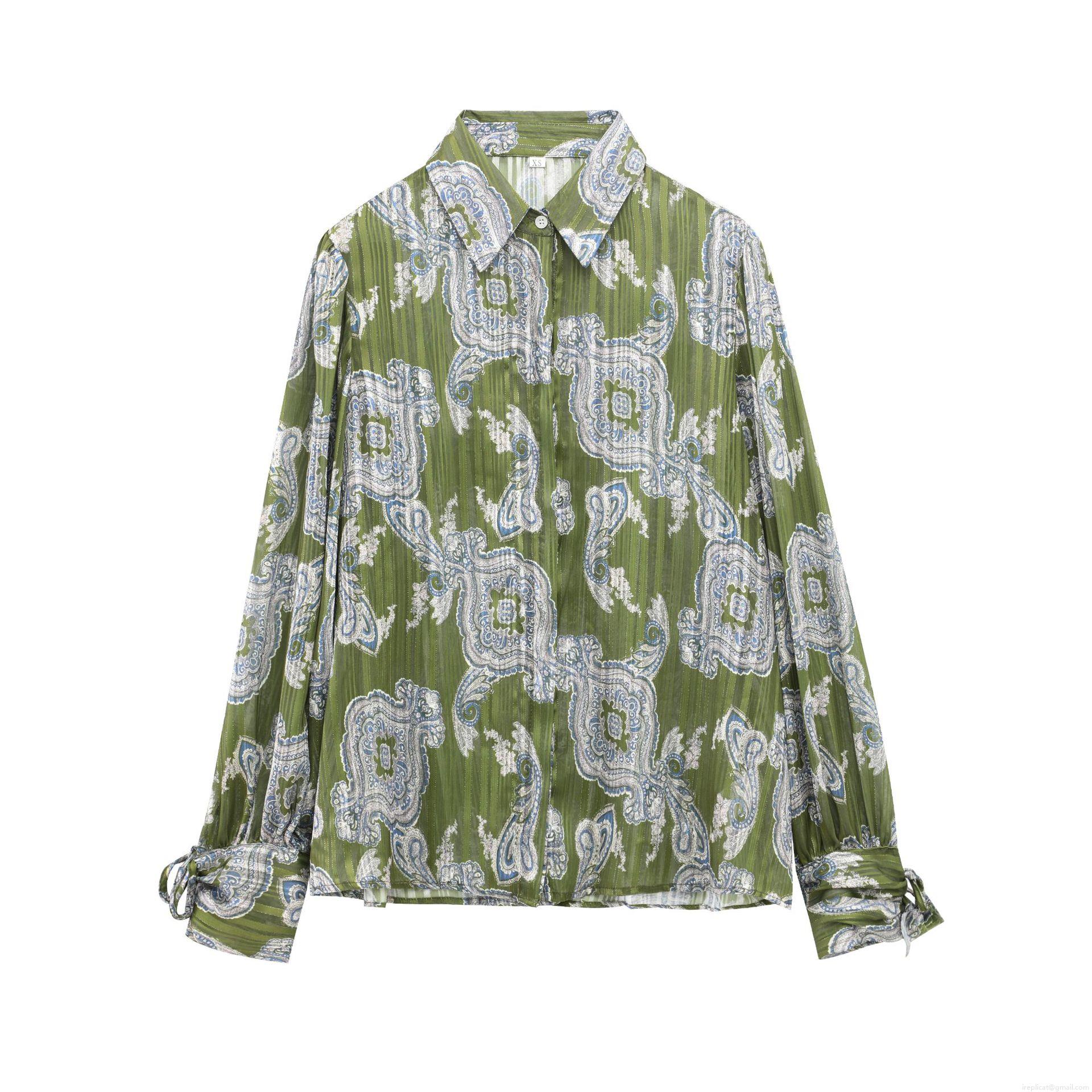 Women's Paisley Print Long Sleeve Blouse Metallic Lurex Chiffon Shirt With Tie Cuffs Turndown Collar Loose Casual Tops For Spring Autumn Ladies Fashion