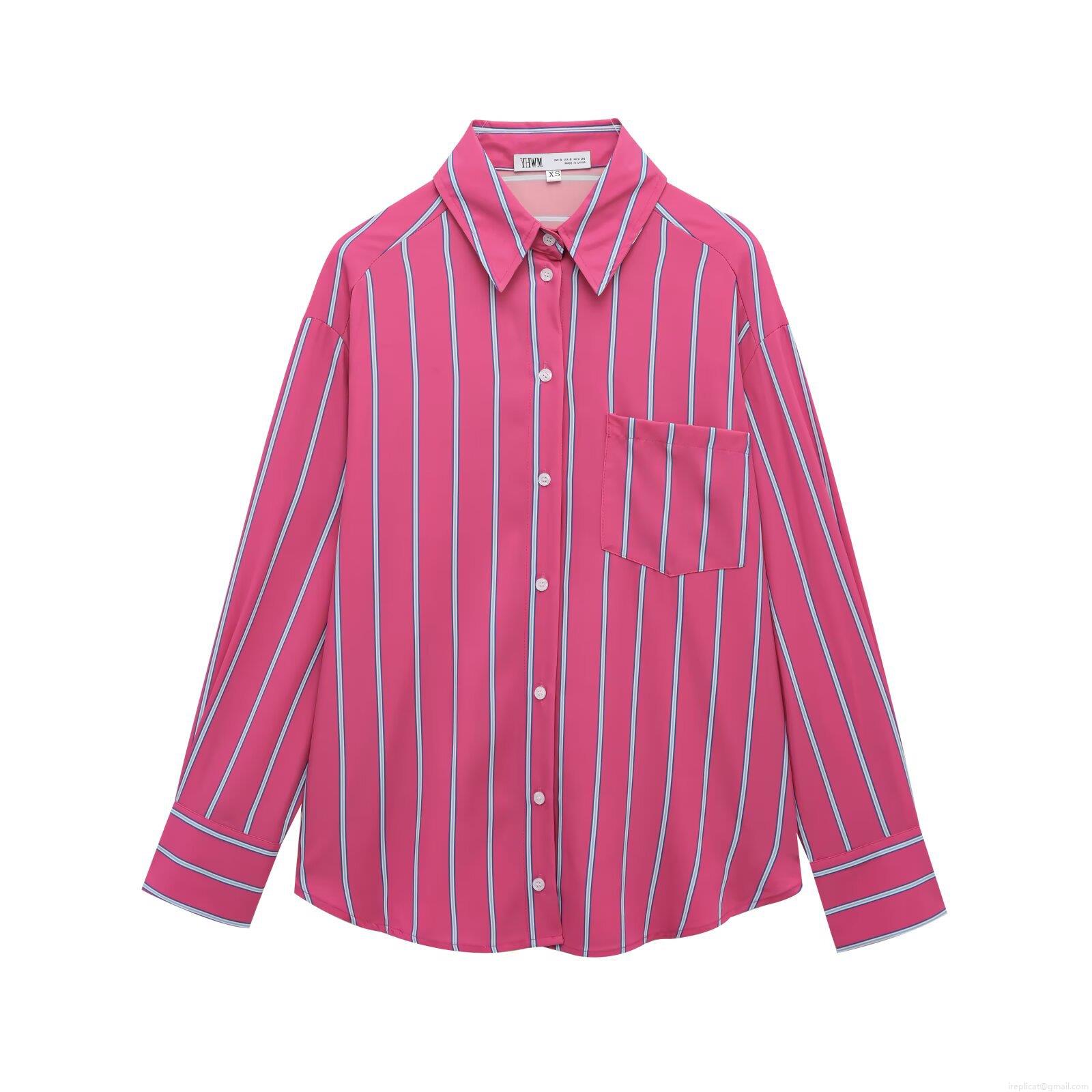 Women's Sweet Fresh Striped Long Sleeve Shirt Button Down Lapel Blouse With Chest Pocket Casual Polyester Spandex Top For Daily Vacation Office Wear