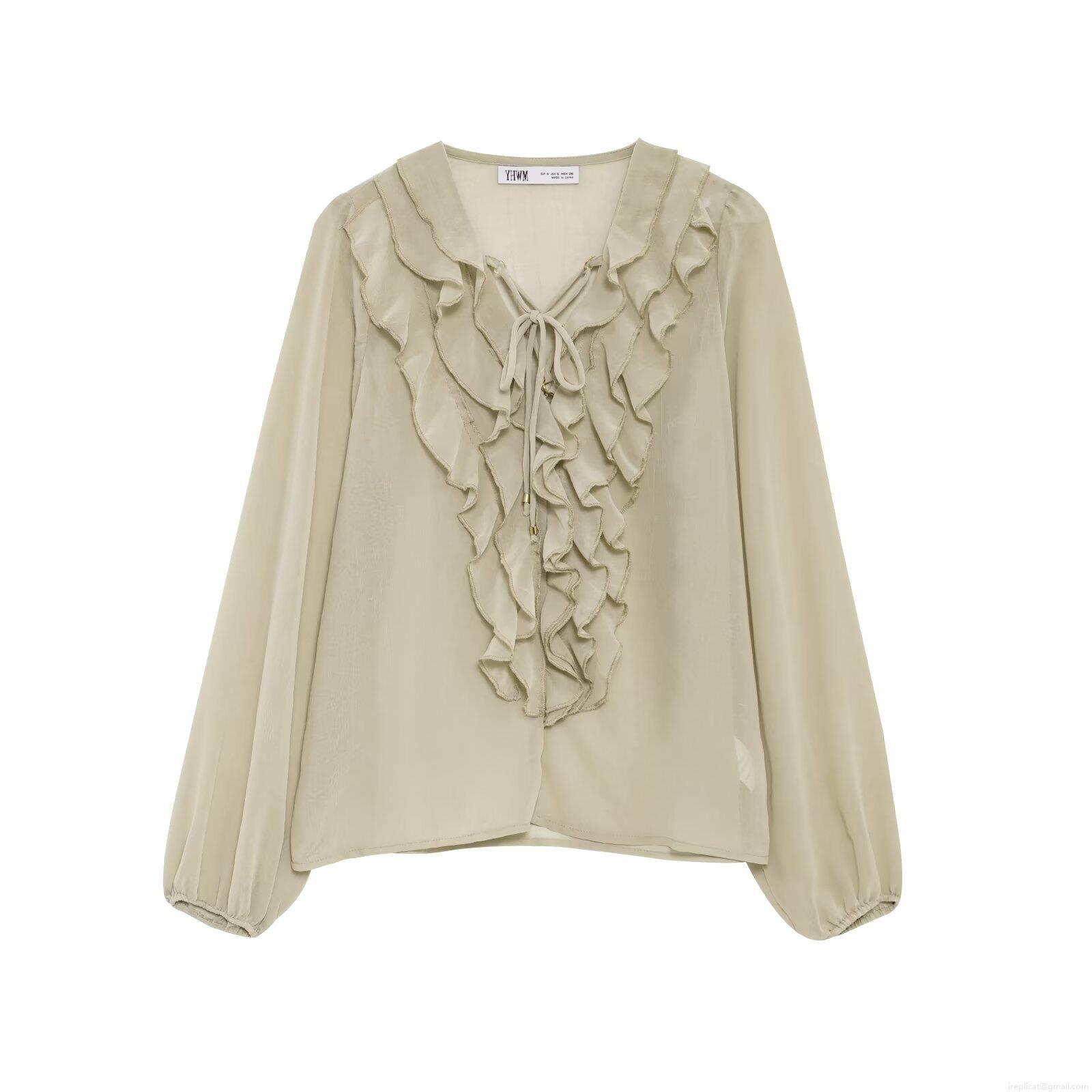 Women's Elegant Ruffle V-Neck Tie-Up Chiffon Blouse Street Style Semi-Sheer Long Sleeve Lantern Sleeve Shirt For Party Daily Wear