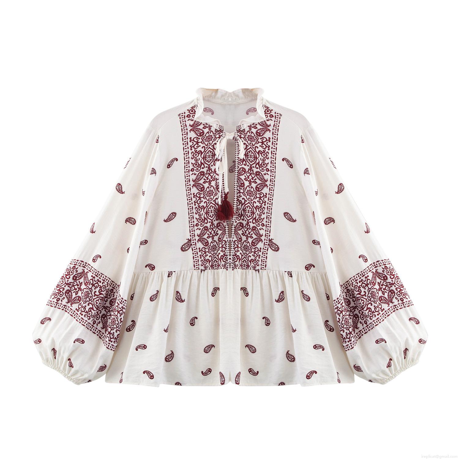 Women's Bohemian Paisley Printed Blouse Ruffle V-Neck Tassel Tie Long Sleeve Lantern Sleeve Shirt Casual Vintage Smocked Hem Pullover Top