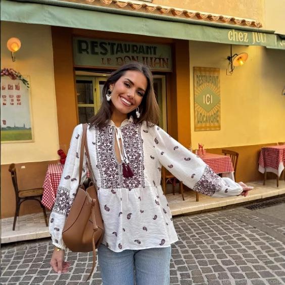 Women's Bohemian Paisley Printed Blouse Vintage Ethnic Long Sleeve V Neck Tie Front Tassel Top Casual Vacation Streetwear Shirt for Women