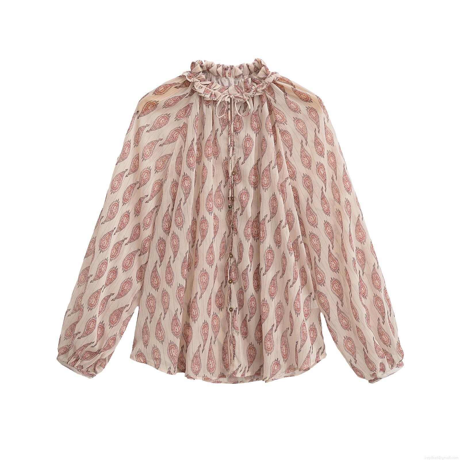 Women's Paisley Print Chiffon Blouse With Gold Lurex Metallic Thread Ruffle Stand Collar Long Lantern Sleeve Single Breasted Casual Shirt Top