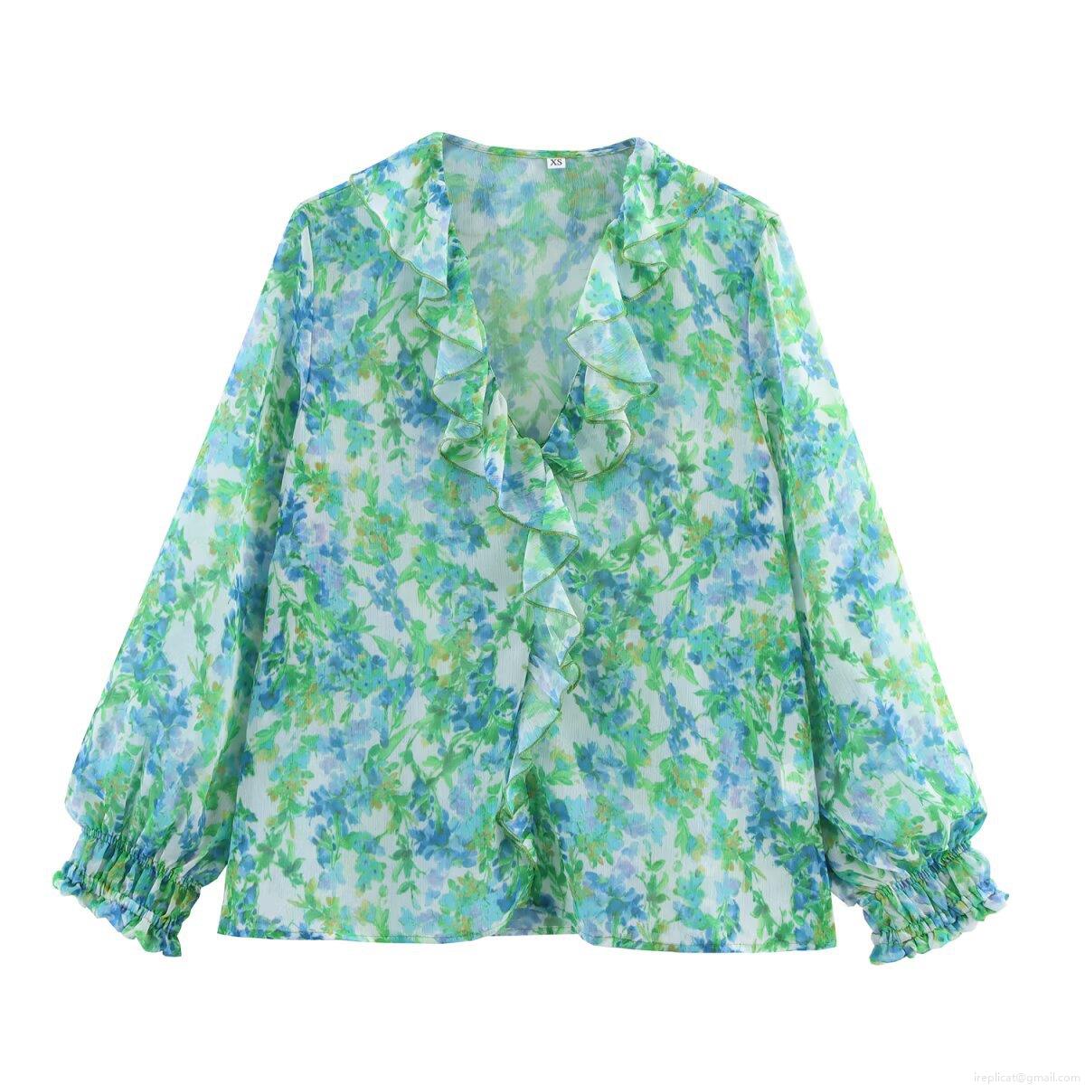 Women's Floral Print Chiffon Blouse Elegant Ruffle Trim Long Sleeve Pullover Top For Casual Daily Wear Sweet Style Lady Shirt