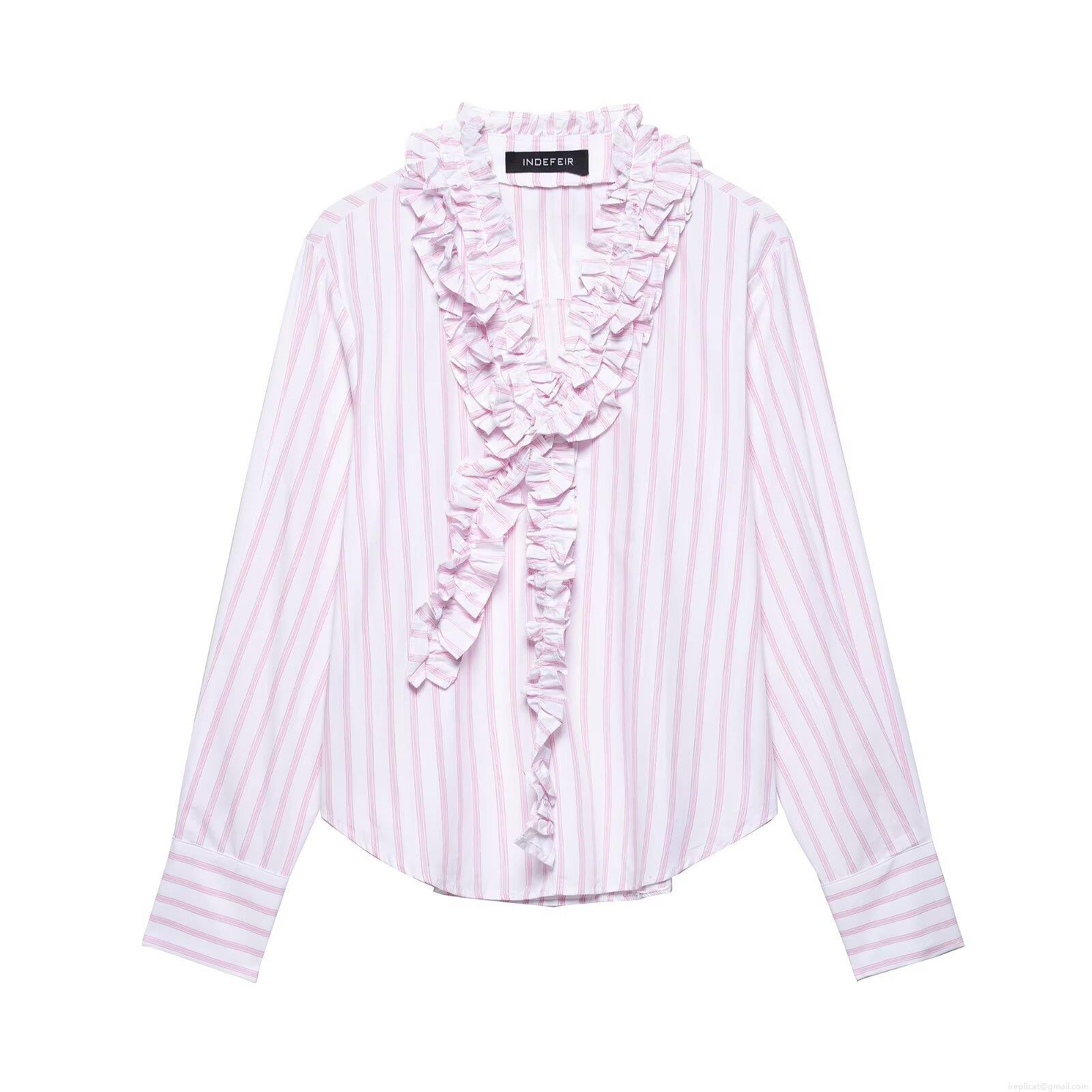 Women Sweet Pink White Vertical Striped Long Sleeve Blouse With Ruffle Trim V Neck Elegant Casual Button Down Shirt Tops
