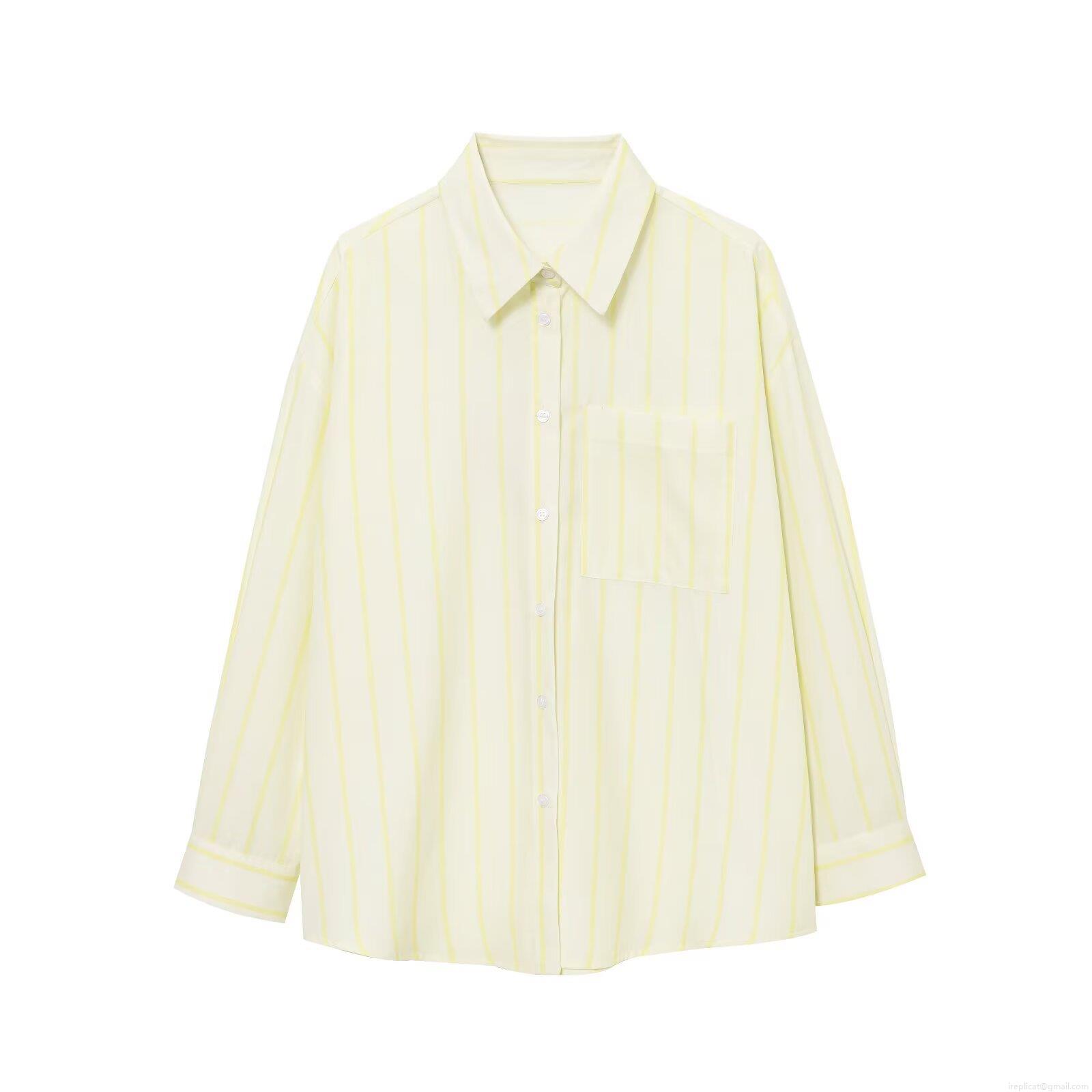Women Casual Vertical Striped Long Sleeve Shirt Button Down Lapel Collar Blouse With Chest Pocket Loose Fit Polyester Tops For Daily Office Wear