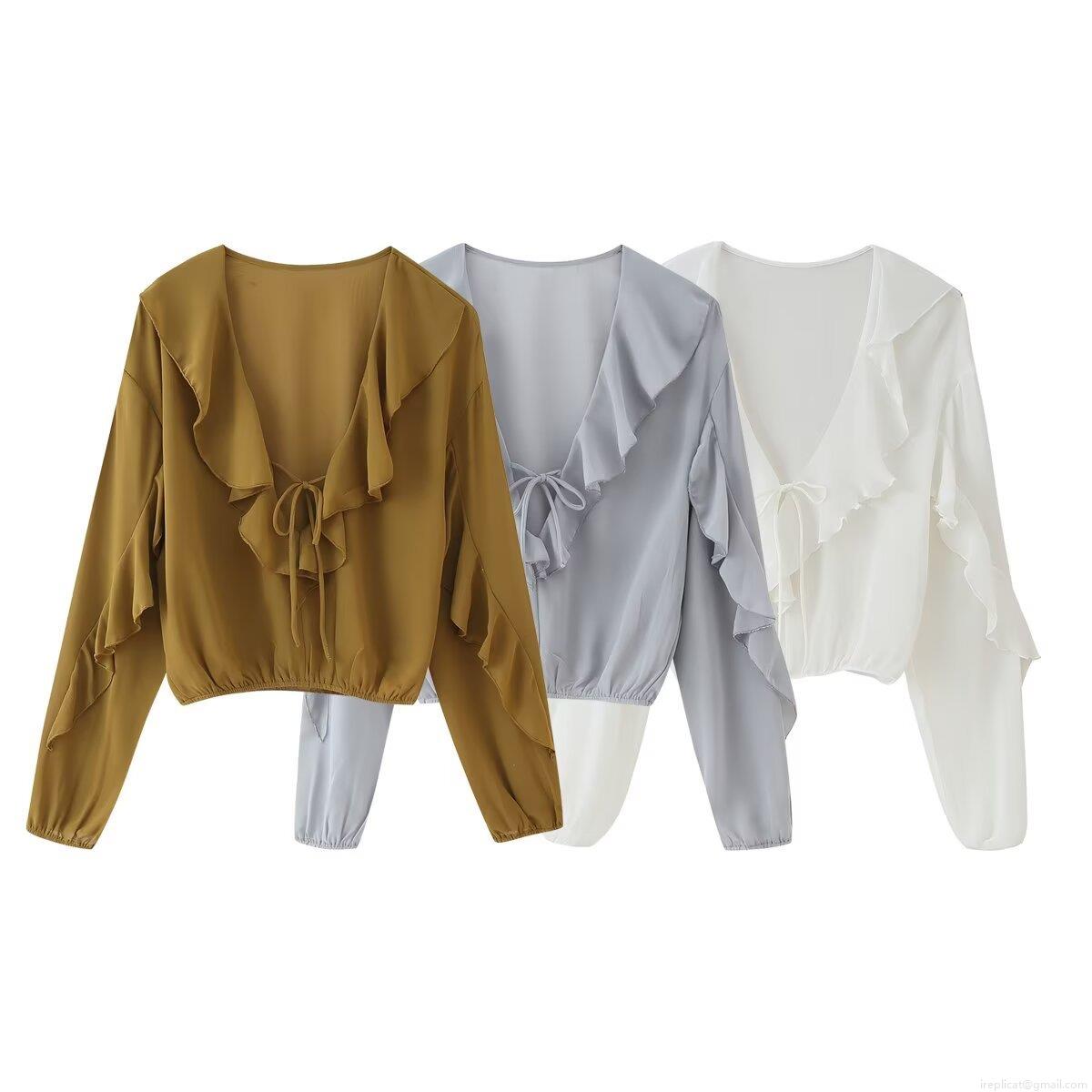 Women Elegant Ruffle Chiffon Blouse Sexy V-Neck Tie Front Long Sleeve Smocked Hem Crop Top Solid Color Fashion Shirt For Women Lady