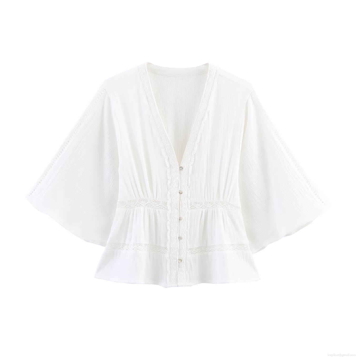 Women's Elegant Solid Color Lace Trim V Neck Blouse Short Sleeve Pleated Button Up Shirt Sweet Summer Top For Lady