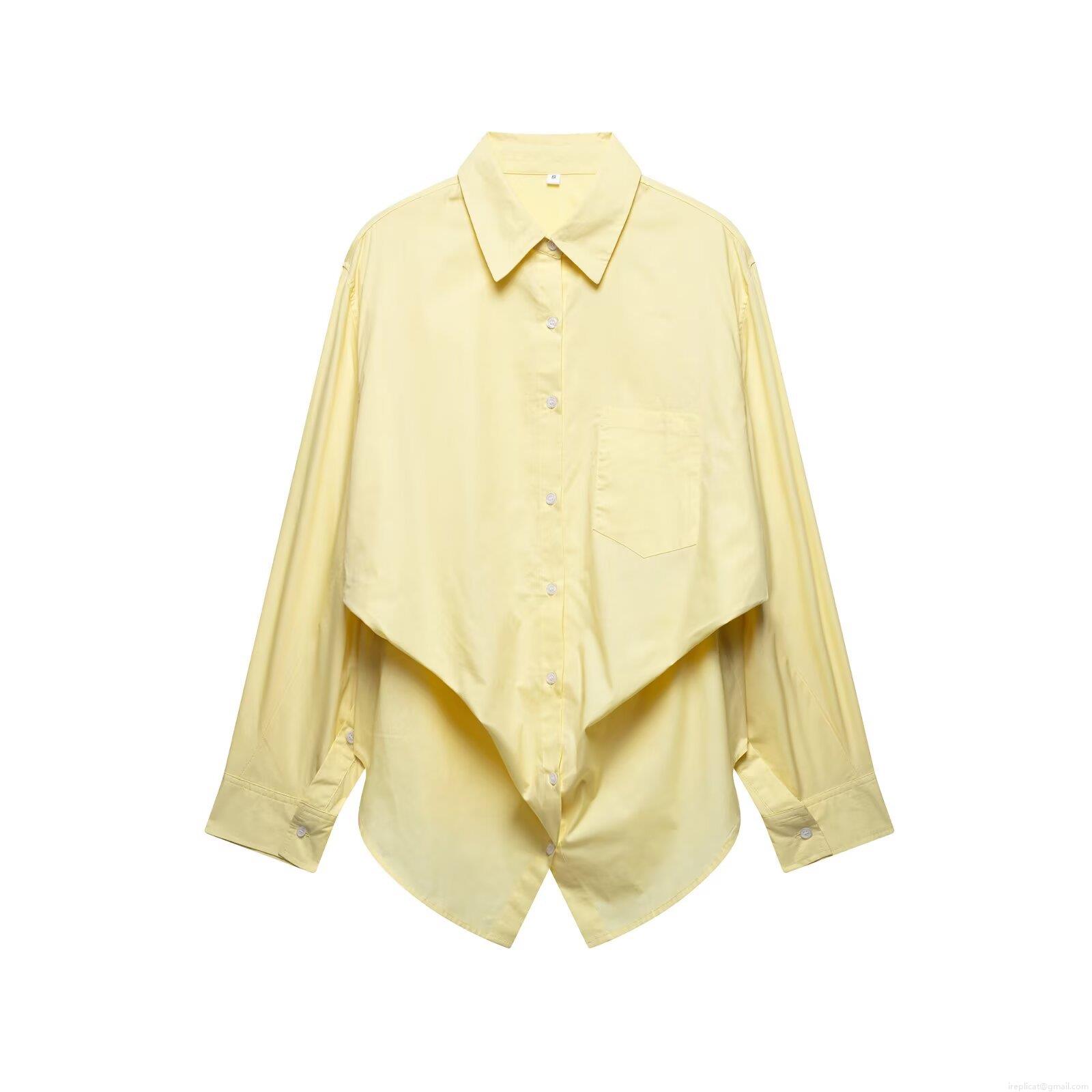Women's Long Sleeve Polyester Poplin Shirt Elegant Minimalist Irregular Layered Hem Blouse With Single Pocket Casual Office Top For Lady