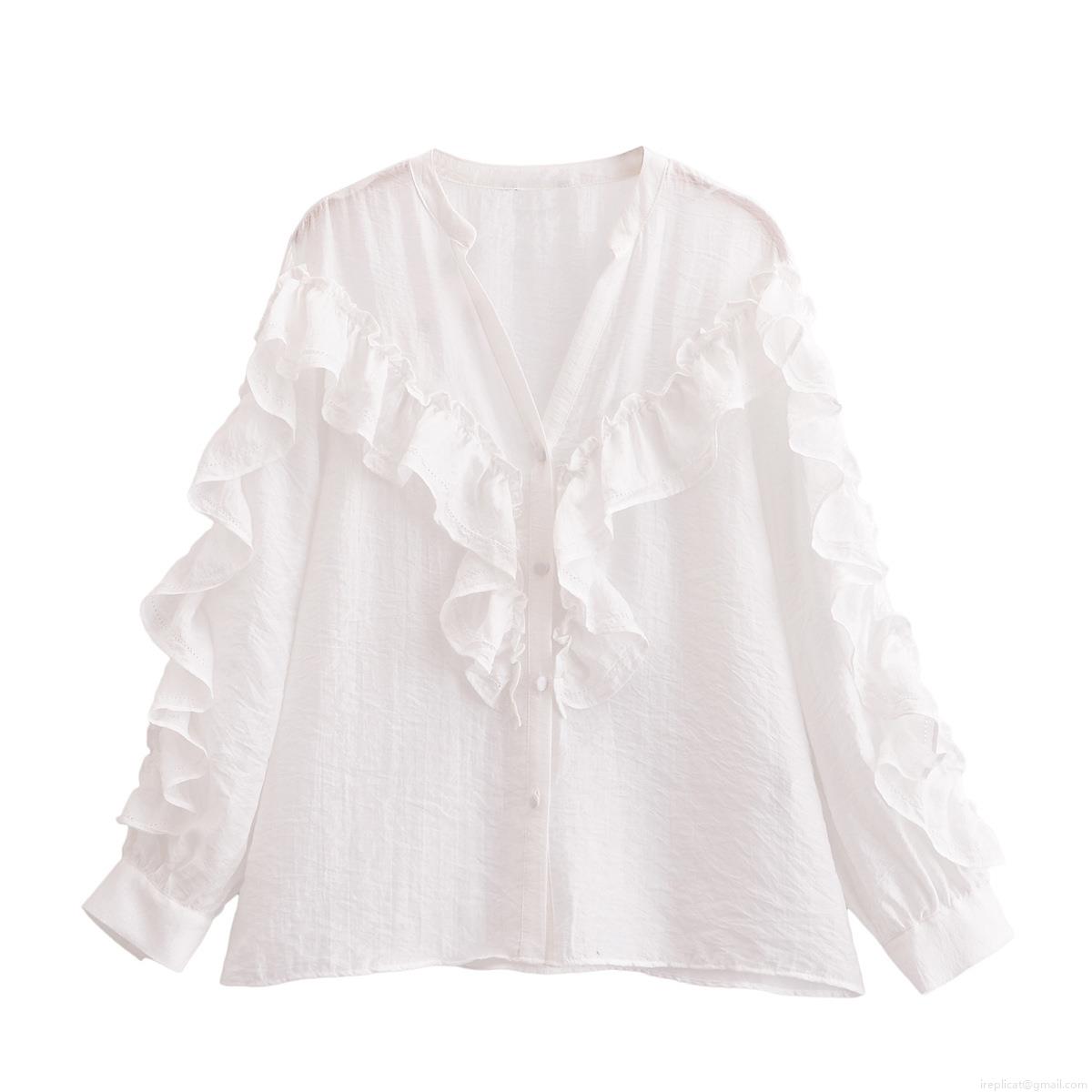 Women's White Ruffle Long Sleeve Blouse V-Neck Layered Decorative Shirt Solid Color Polyester Top for Casual Daily Date Wear Office Lady Fashion Sweet Style Shirt