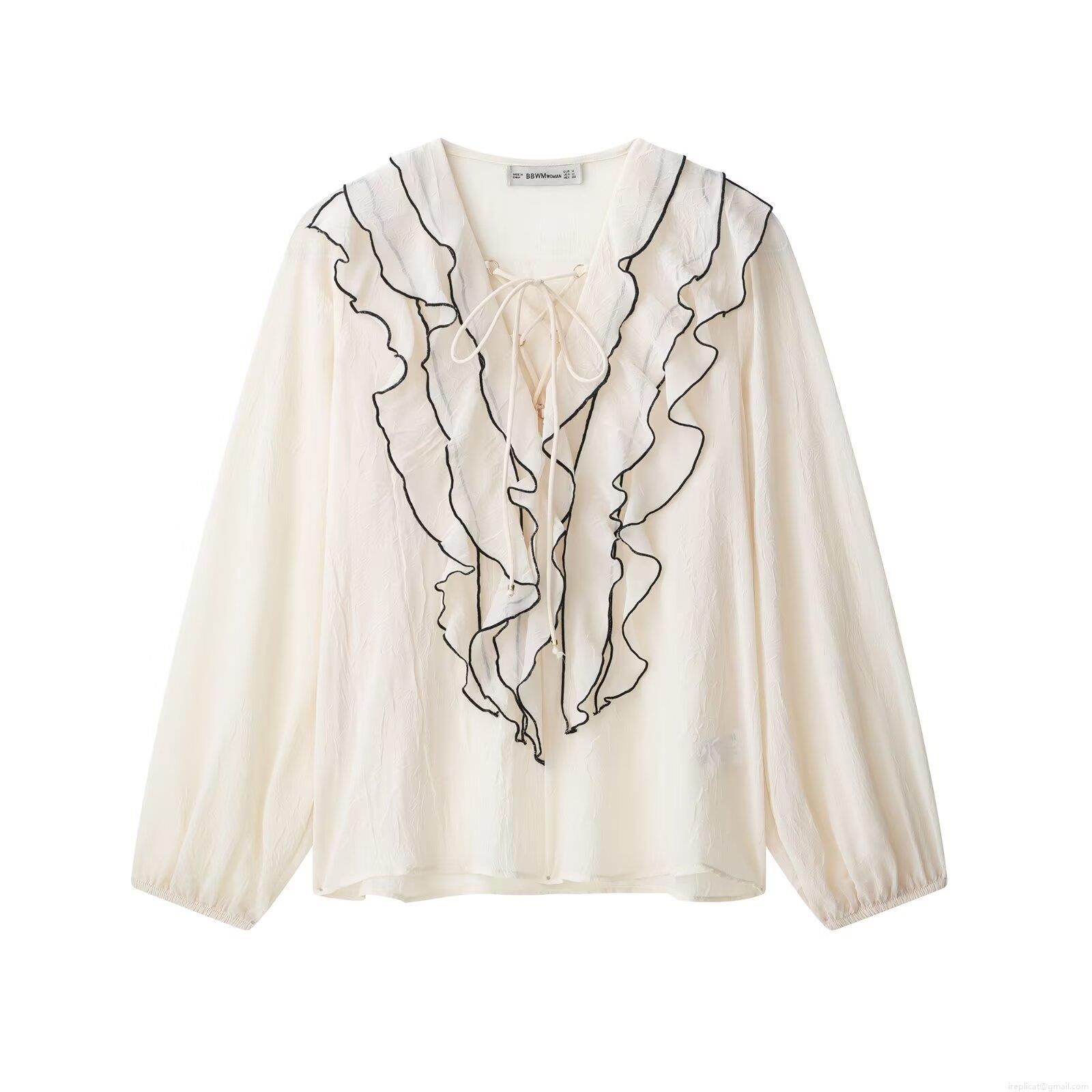 Women Elegant Long Sleeve Blouse 100% Polyester Crinkled Texture Ruffle Trim V Neck Tie Front Shirt Contrast Piping Chic Top for Lady Daily Casual Wear