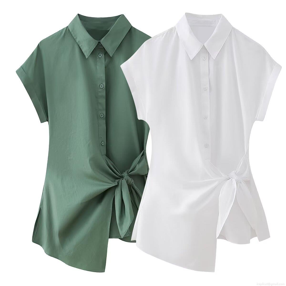 Women Poplin Short Sleeve Shirt Lapel Button Down Tie Waist Knot Blouse Irregular Hem Solid Color Summer Casual Office Tops Ladies Elegant Commute Fashion Clothing