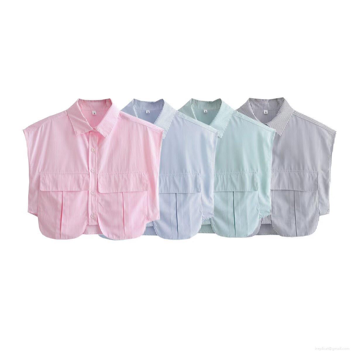 Women's Casual Striped Sleeveless Shirt Polyester Lapel Single Breasted Cropped Blouse With Big Pockets For Summer Daily Fashion Tops